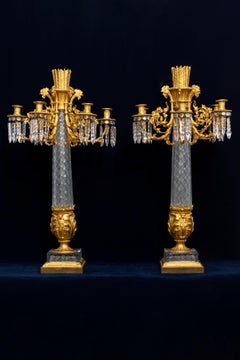 Pair French 19th C. Cut Crystal & Dore Bronze Multi-Arm Candelabra w/ Roosters