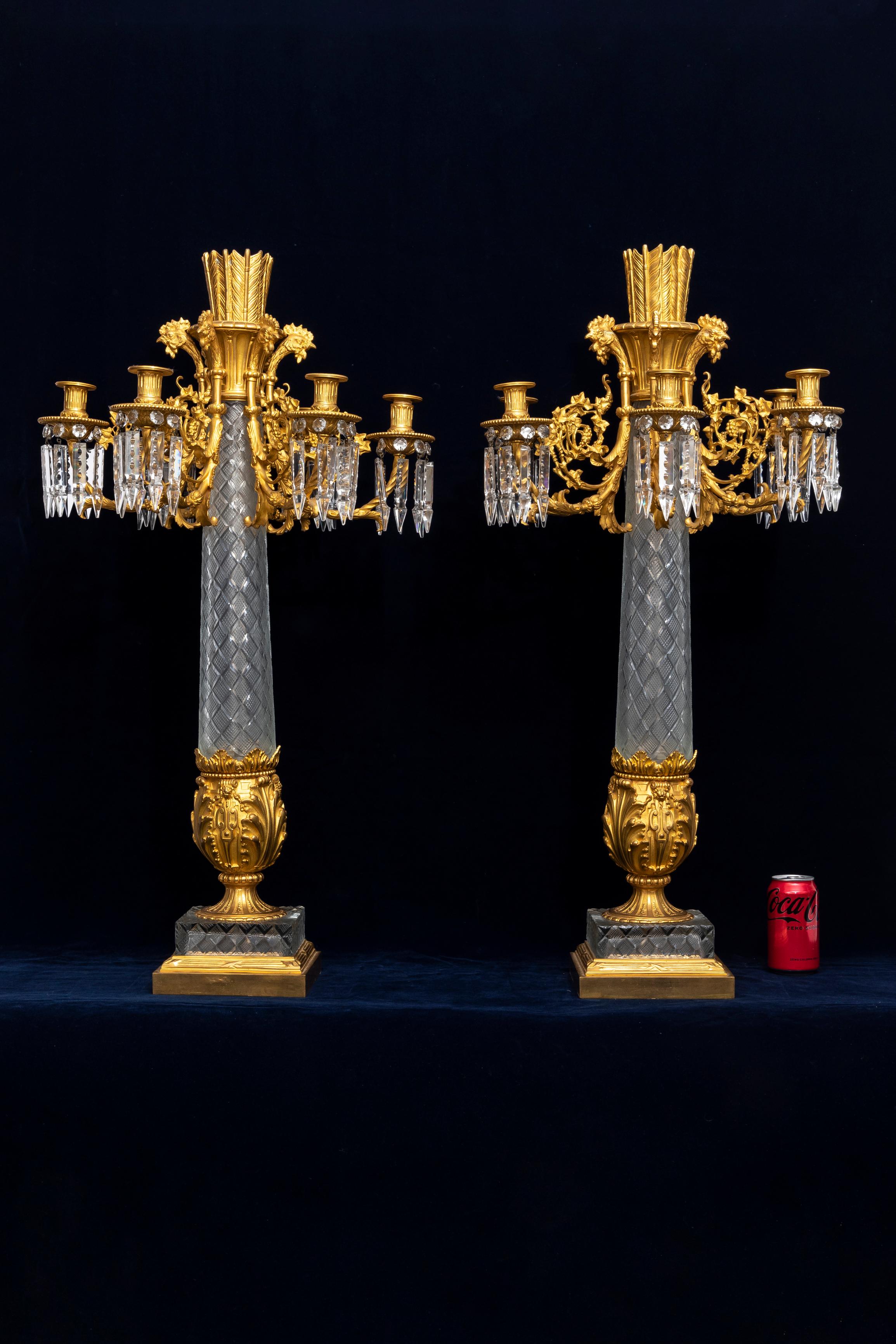 Louis XVI Pair French 19th C. Cut Crystal & Dore Bronze Multi-Arm Candelabra w/ Roosters For Sale