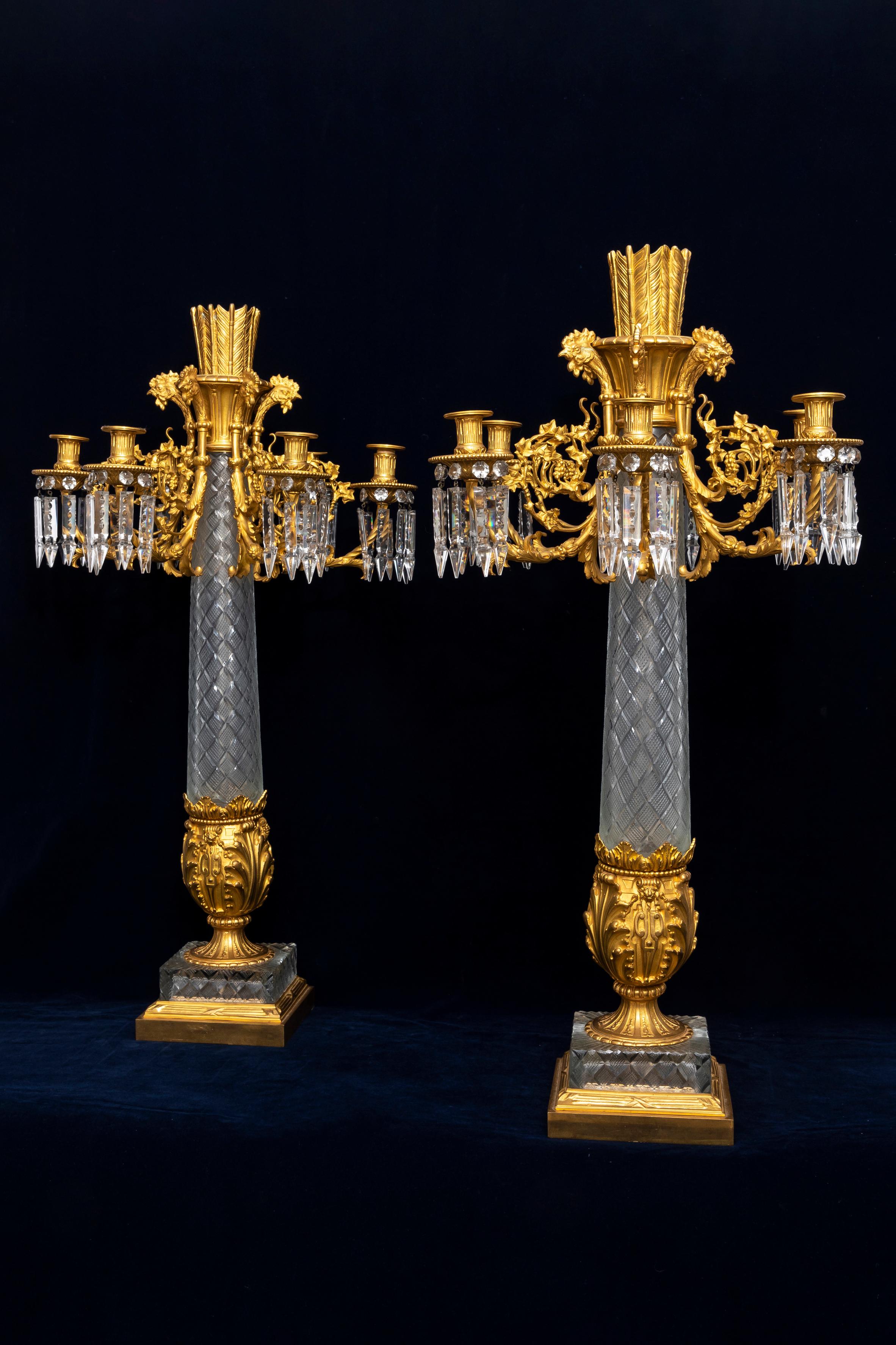 Hand-Carved Pair French 19th C. Cut Crystal & Dore Bronze Multi-Arm Candelabra w/ Roosters For Sale