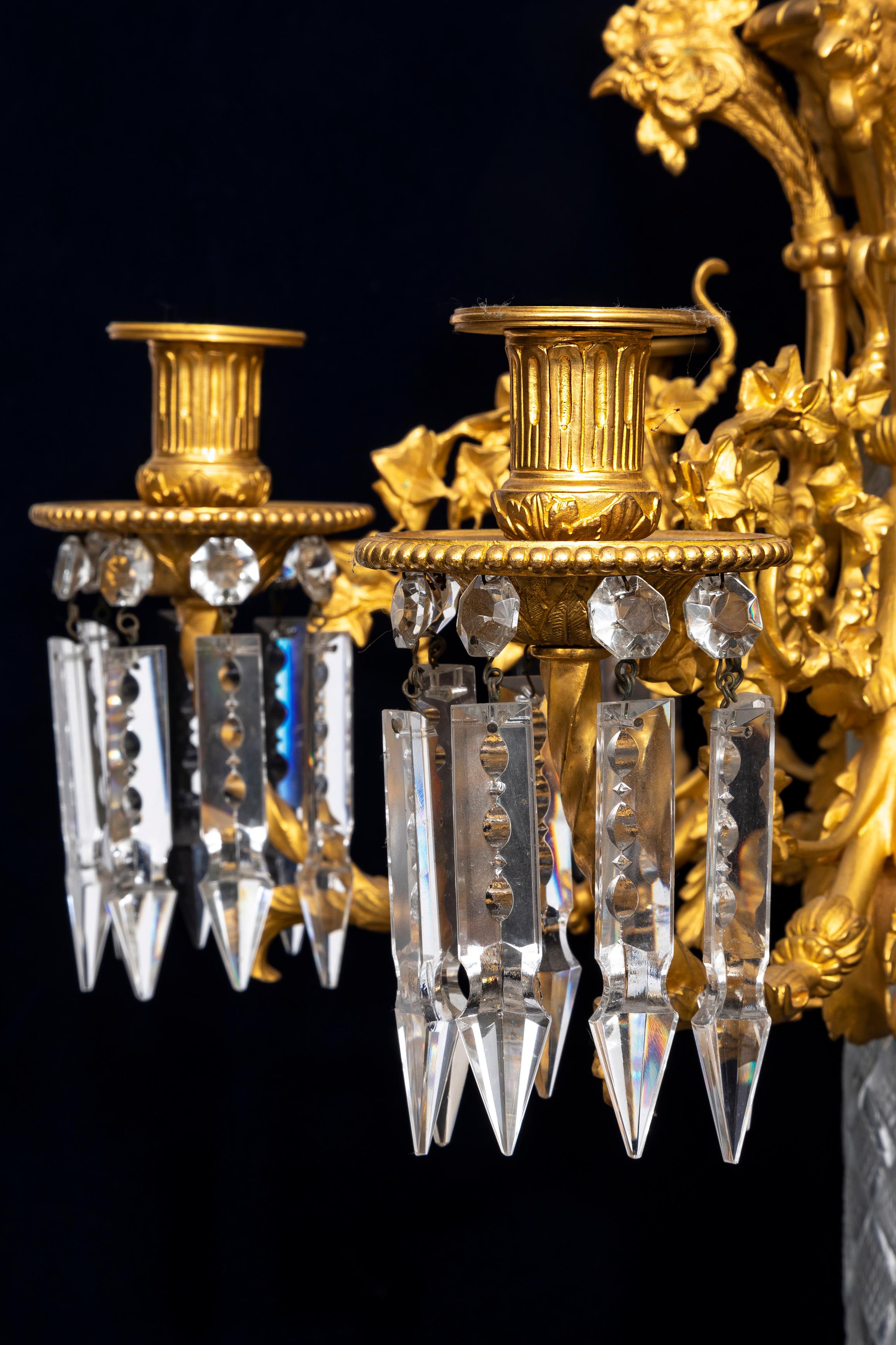 Pair French 19th C. Cut Crystal & Dore Bronze Multi-Arm Candelabra w/ Roosters In Good Condition For Sale In New York, NY