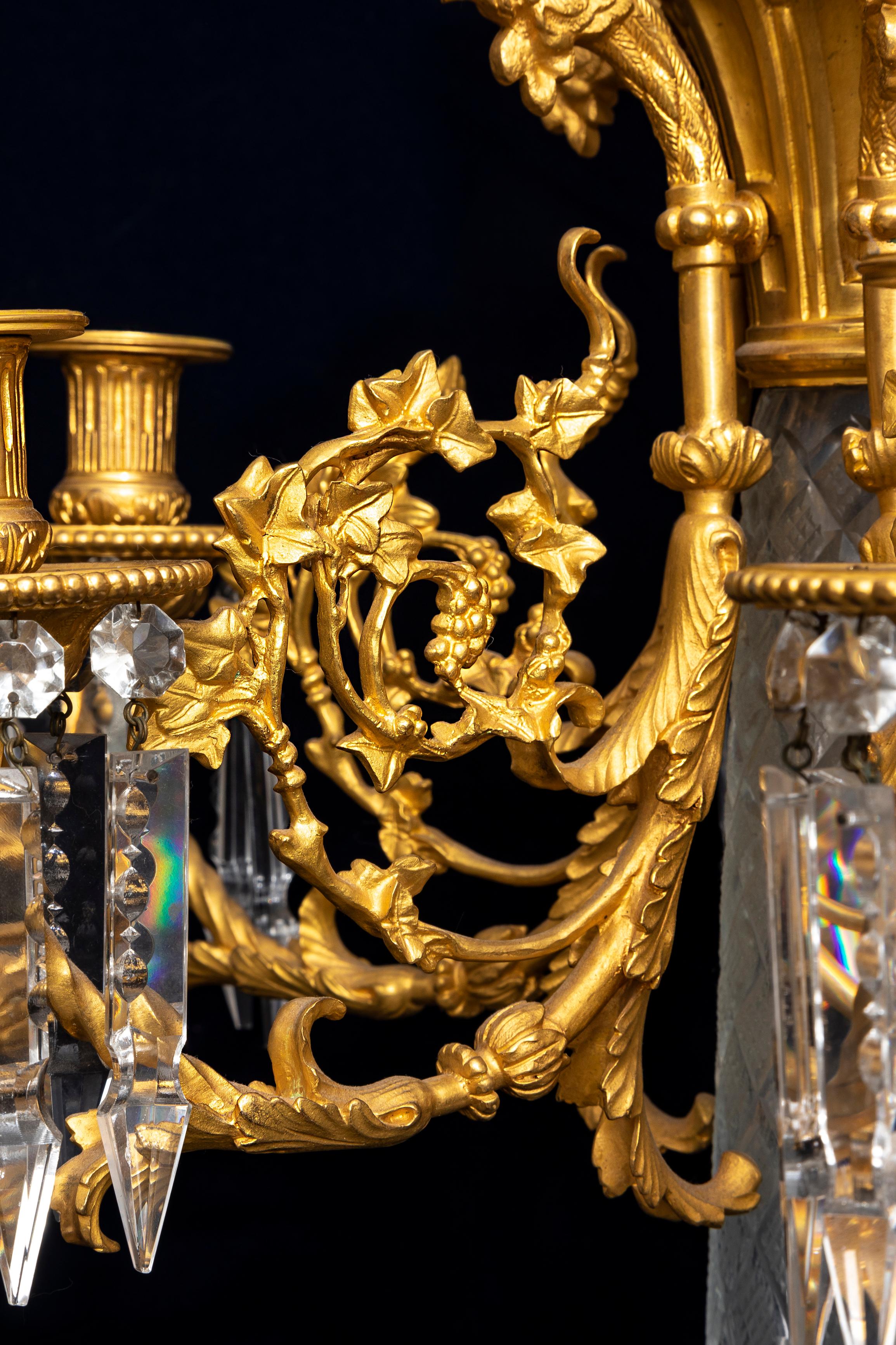 Pair French 19th C. Cut Crystal & Dore Bronze Multi-Arm Candelabra w/ Roosters For Sale 1