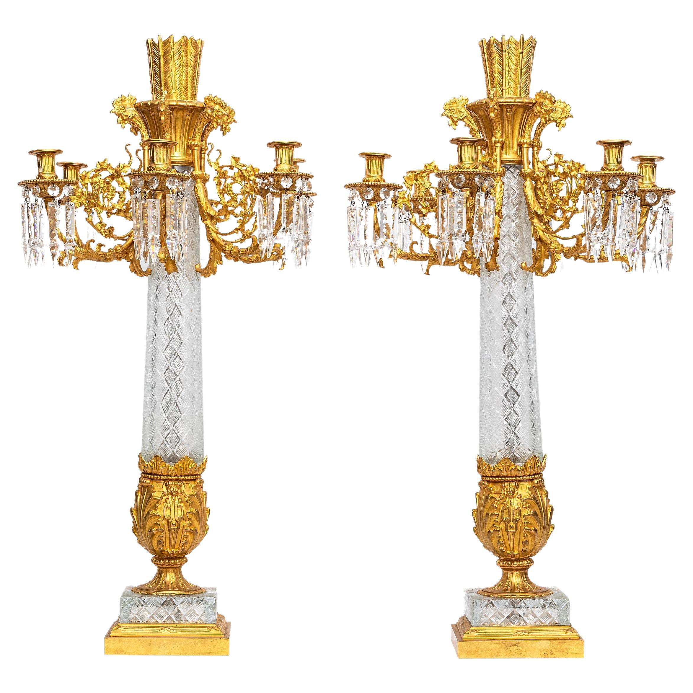Pair French 19th C. Cut Crystal & Dore Bronze Multi-Arm Candelabra w/ Roosters For Sale