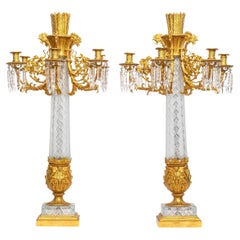 Pair French 19th C. Cut Crystal & Dore Bronze Multi-Arm Candelabra w/ Roosters