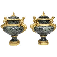 Pair French 19th C. Gilt-Bronze & Marble Urns, After Pierre Gouthière - Belanger