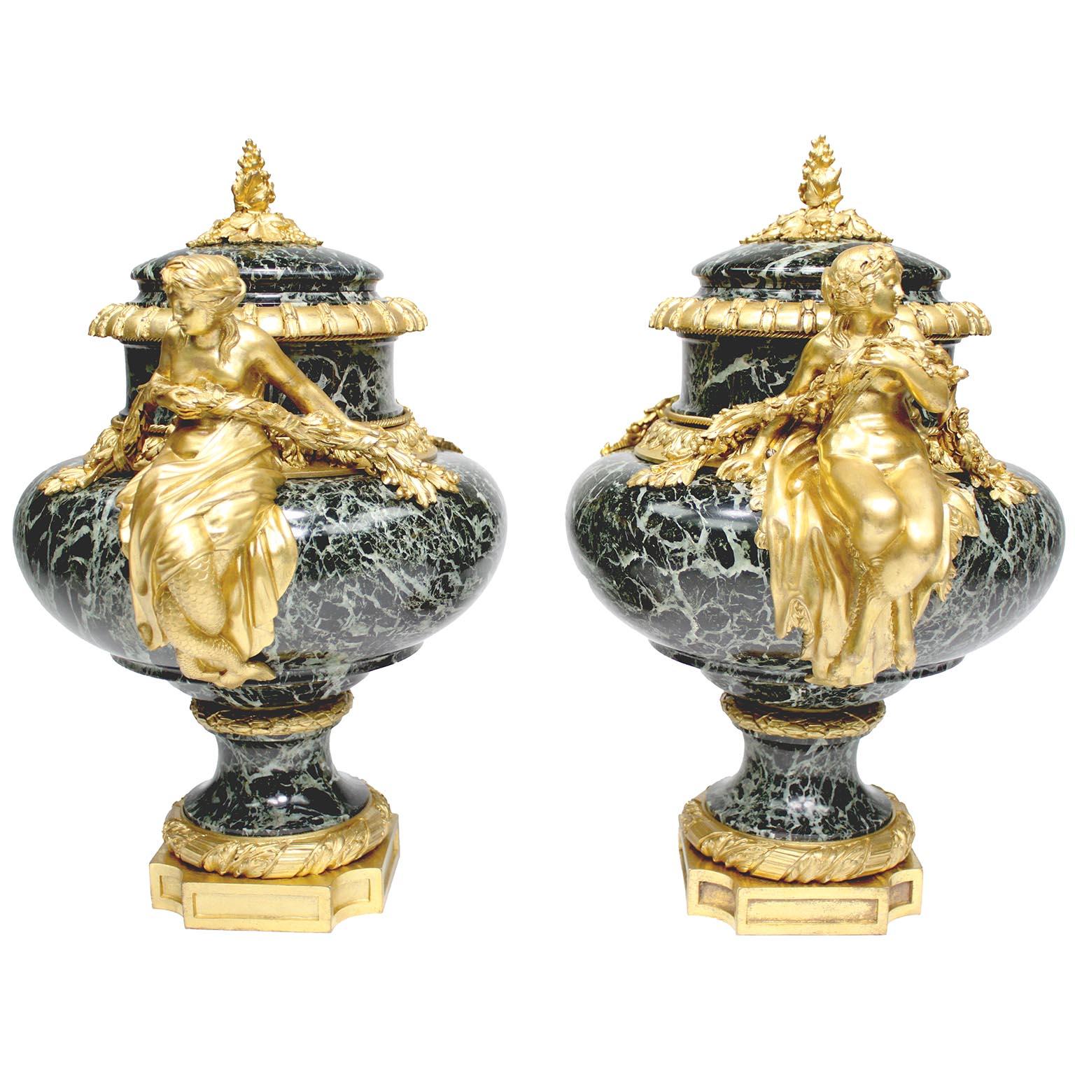 Louis XVI Pair French 19th C. Gilt-Bronze & Marble Urns, After Pierre Gouthière - Belanger For Sale