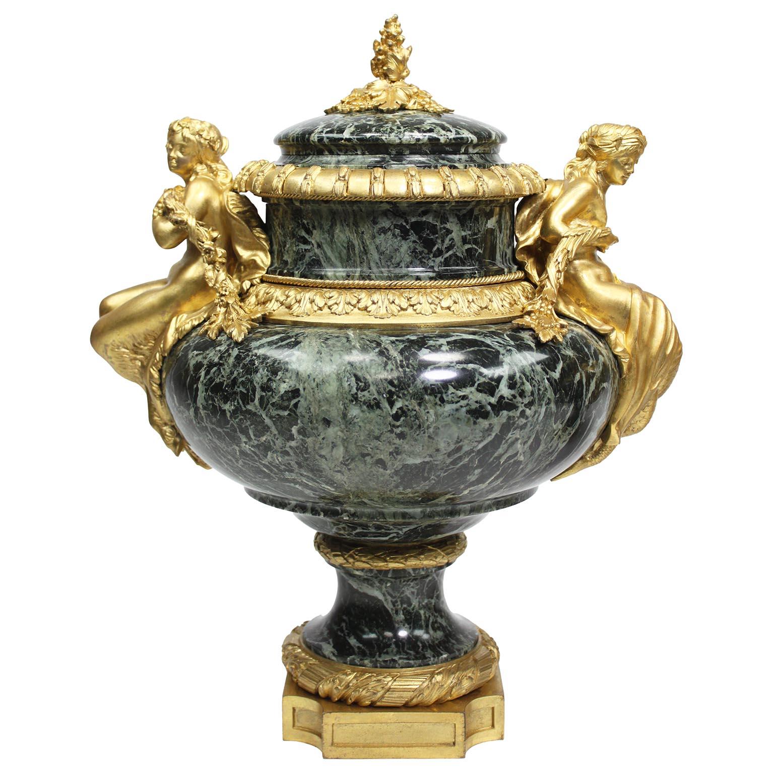 Pair French 19th C. Gilt-Bronze & Marble Urns, After Pierre Gouthière - Belanger In Good Condition For Sale In Los Angeles, CA