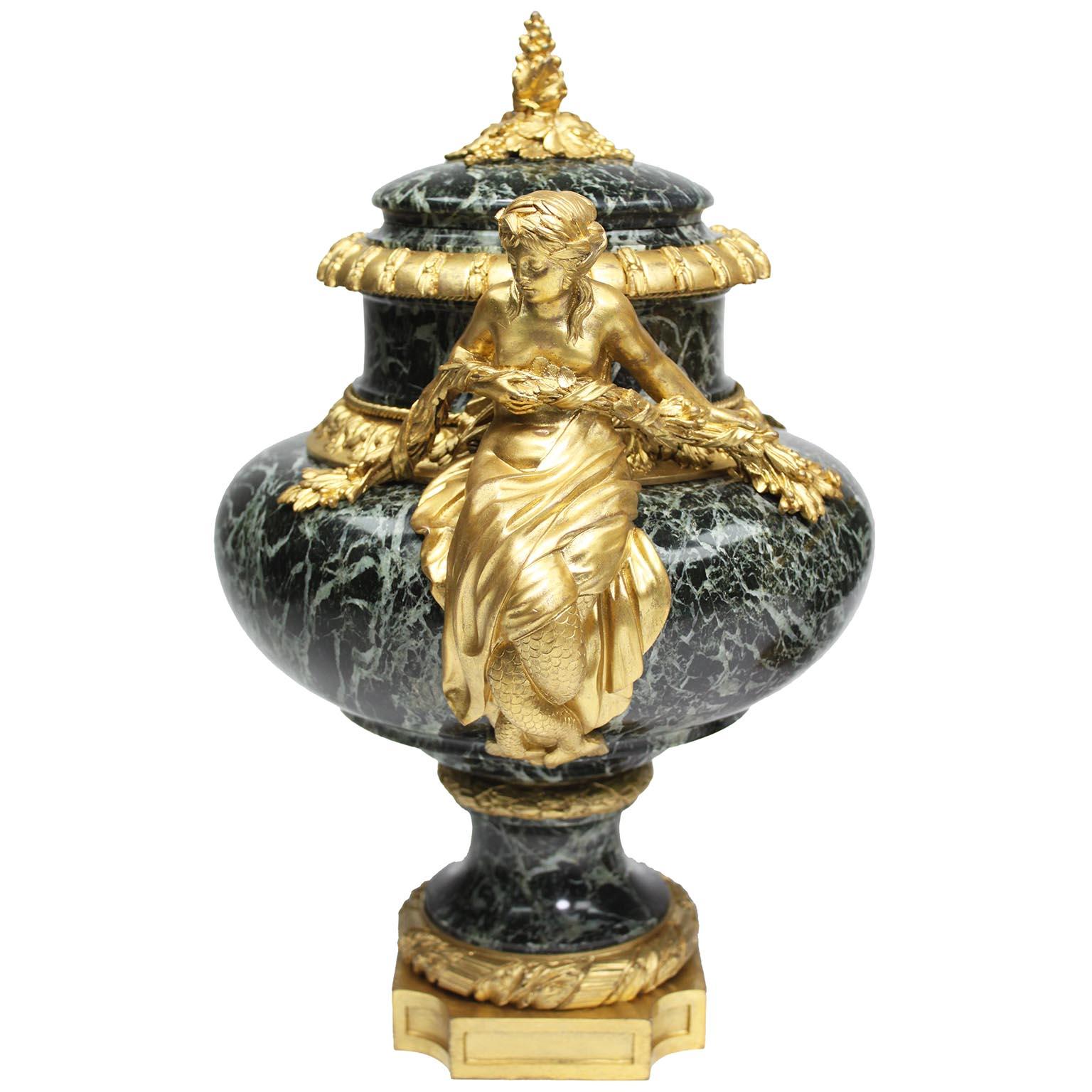 19th Century Pair French 19th C. Gilt-Bronze & Marble Urns, After Pierre Gouthière - Belanger For Sale