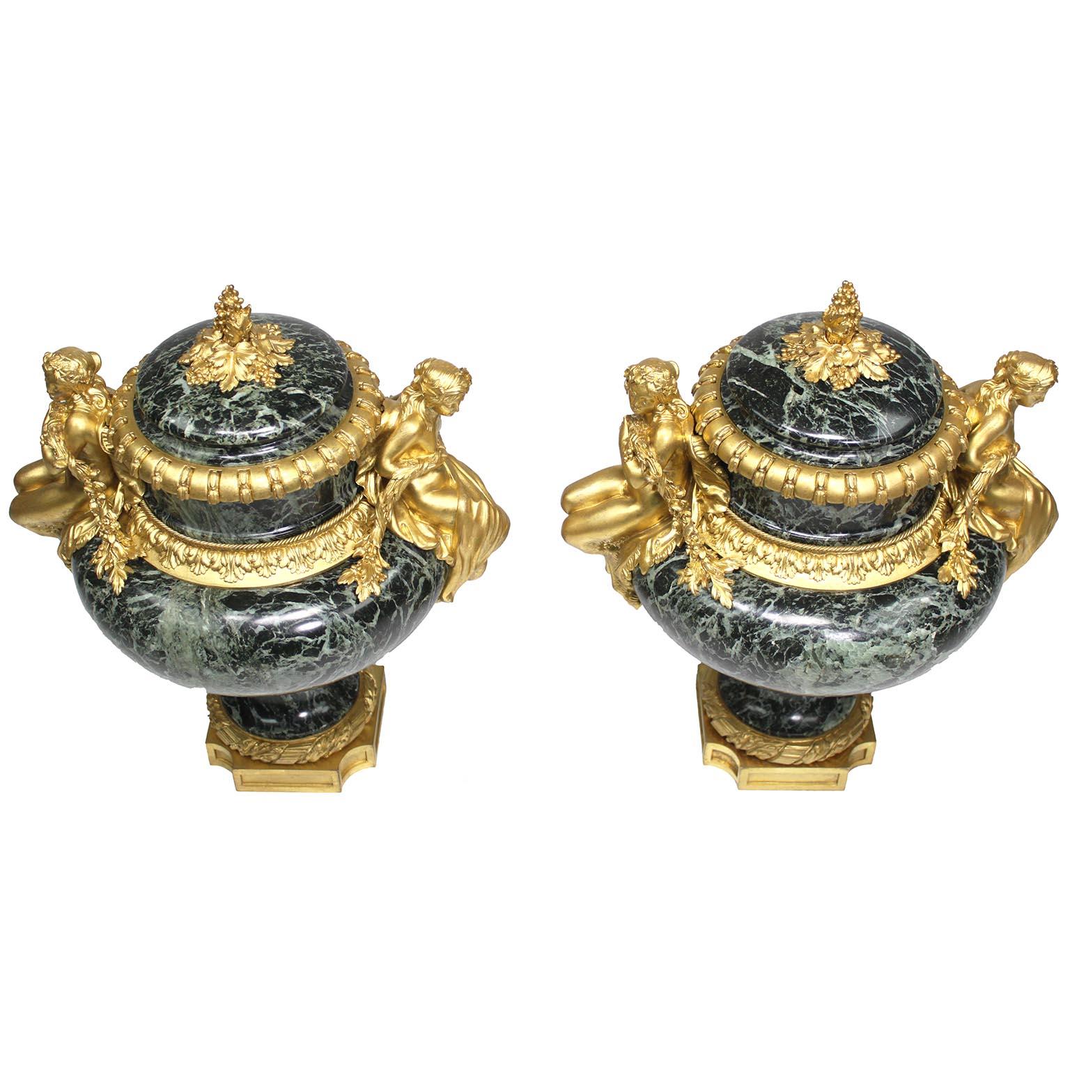 Pair French 19th C. Gilt-Bronze & Marble Urns, After Pierre Gouthière - Belanger For Sale 1