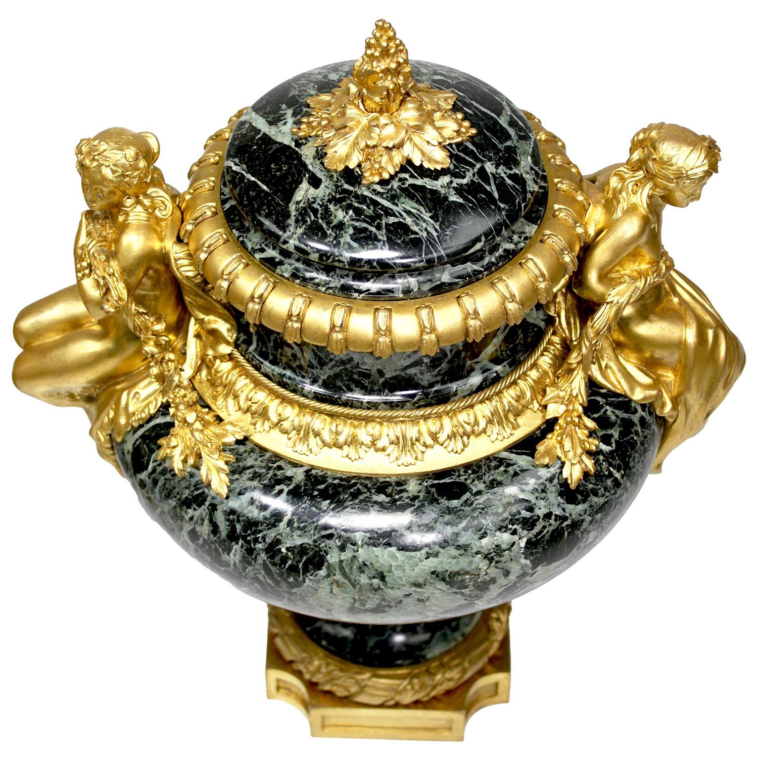 Pair French 19th C. Gilt-Bronze & Marble Urns, After Pierre Gouthière - Belanger For Sale 2