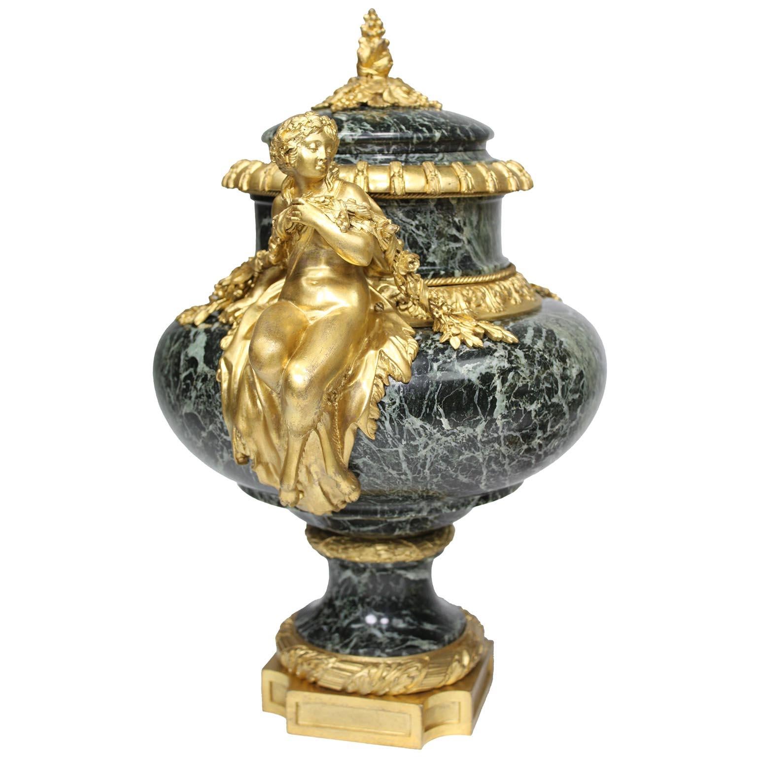 Pair French 19th C. Gilt-Bronze & Marble Urns, After Pierre Gouthière - Belanger For Sale 3