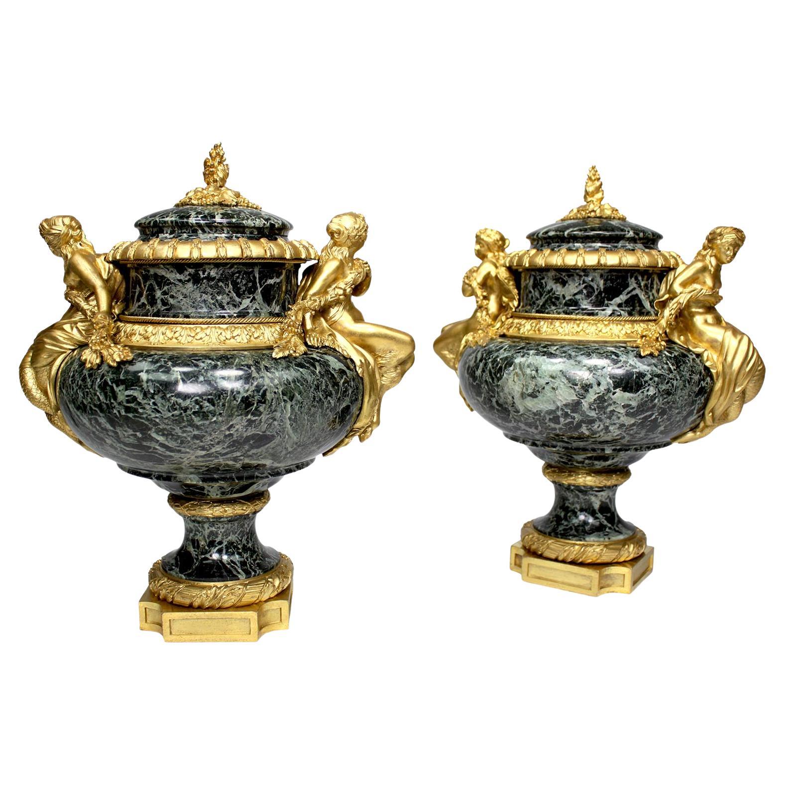 Pair French 19th C. Gilt-Bronze & Marble Urns, After Pierre Gouthière - Belanger For Sale