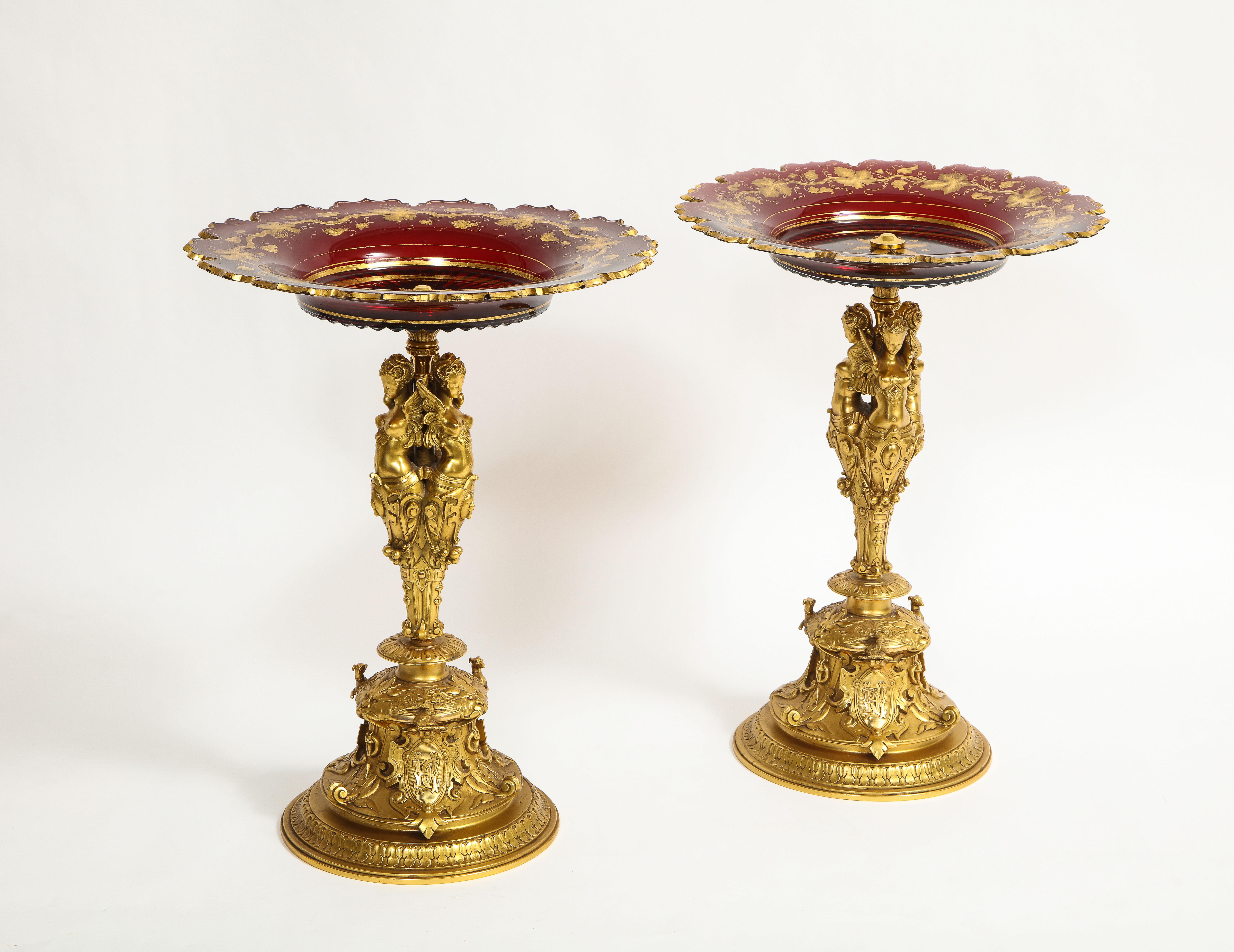 Hand-Carved Pair French 19th C. Louis XVI Style Red Baccarat Crystal Ormolu Mounted Tazzas For Sale