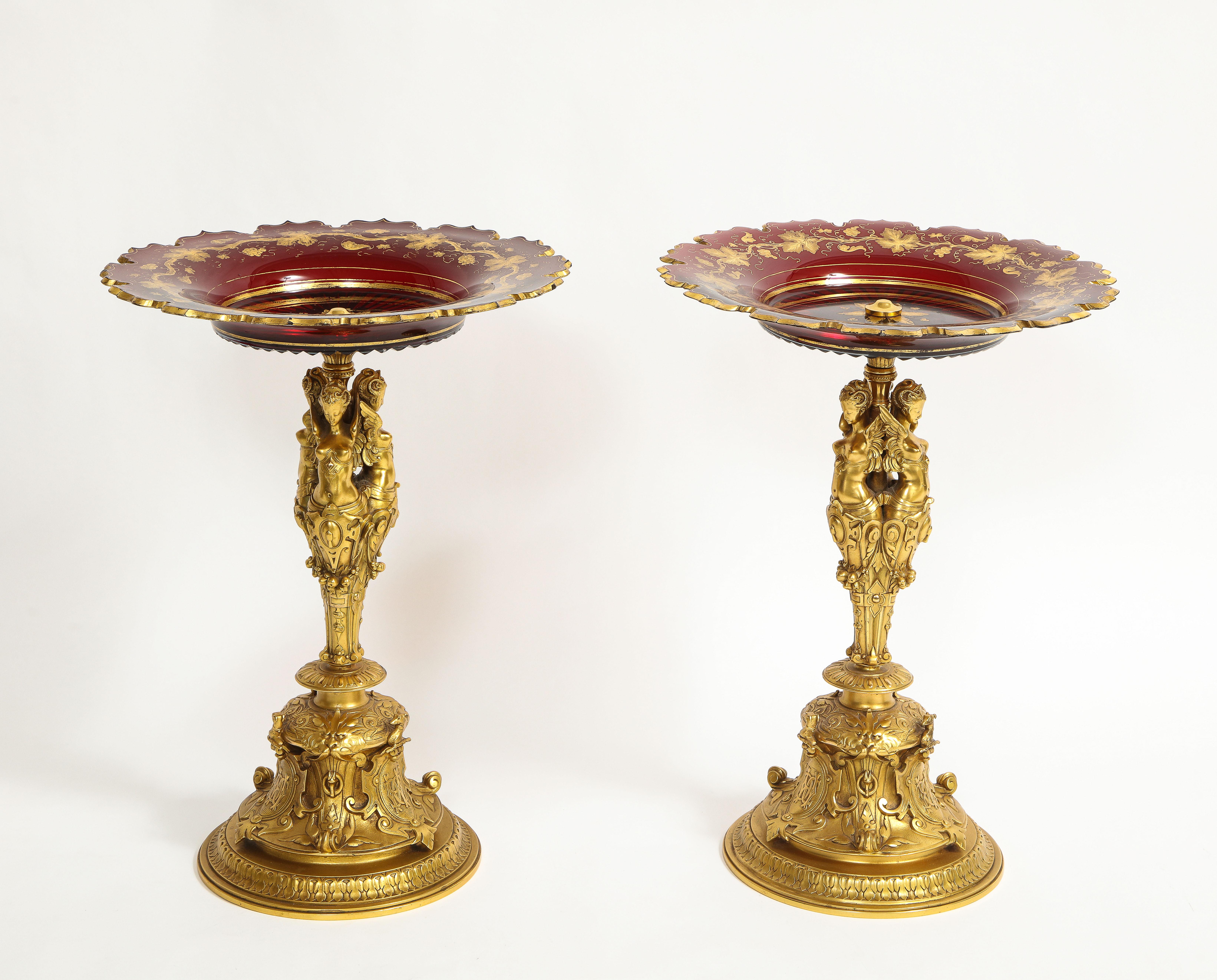 Pair French 19th C. Louis XVI Style Red Baccarat Crystal Ormolu Mounted Tazzas In Good Condition For Sale In New York, NY