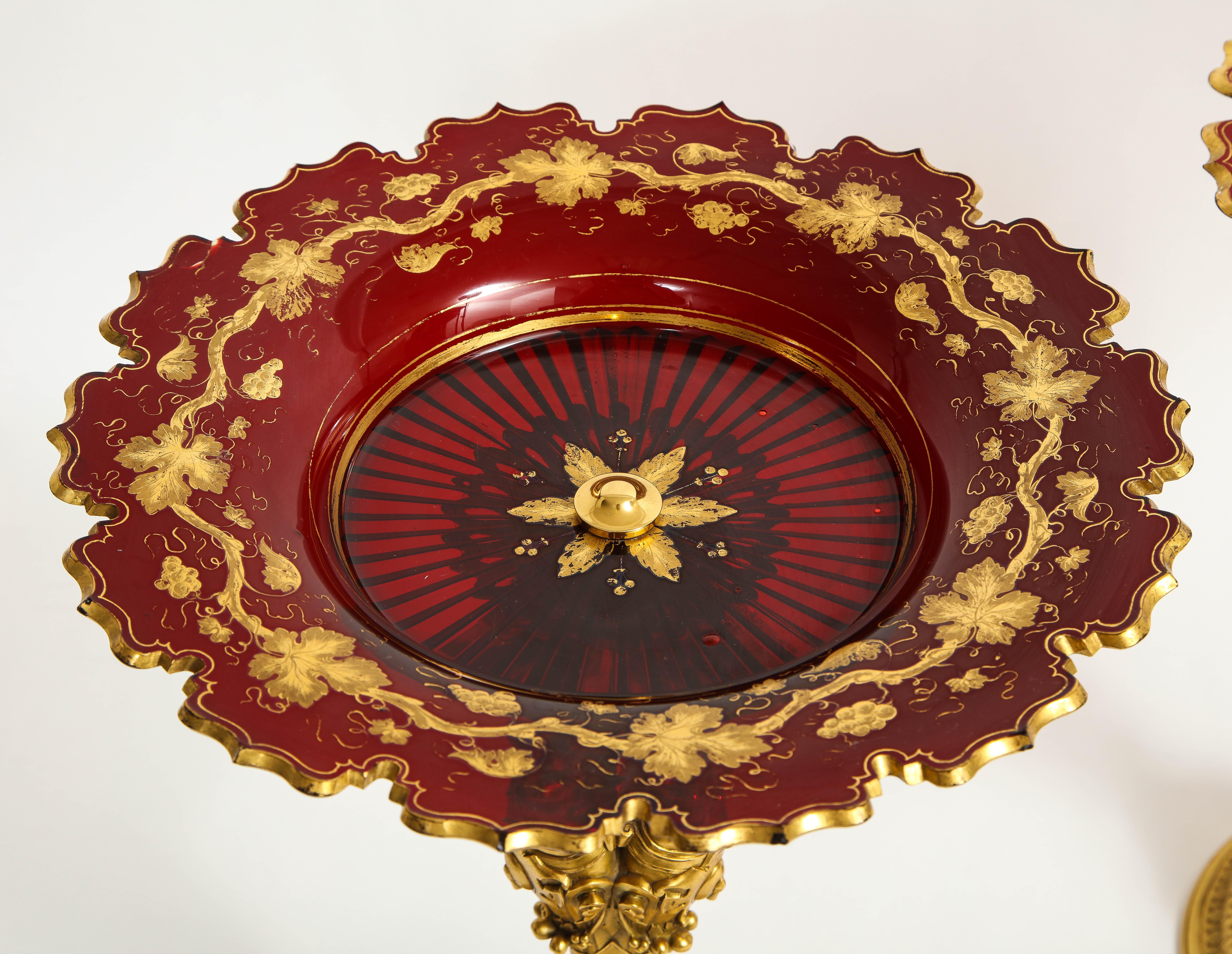 Bronze Pair French 19th C. Louis XVI Style Red Baccarat Crystal Ormolu Mounted Tazzas For Sale