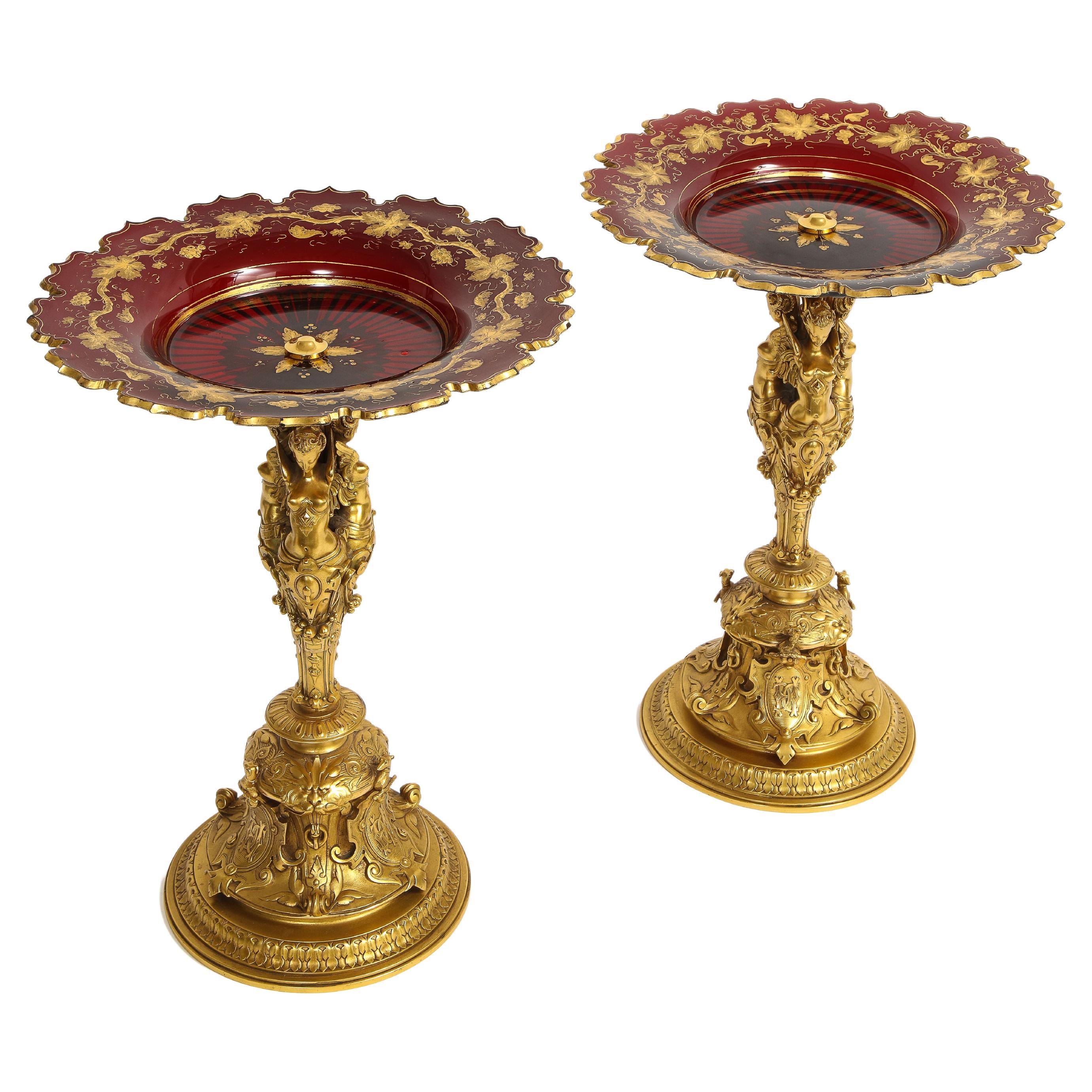Pair French 19th C. Louis XVI Style Red Baccarat Crystal Ormolu Mounted Tazzas For Sale