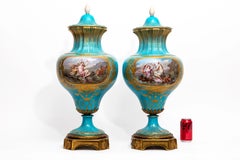Pair French 19th C. Ormolu & Sevres Porcelain Celeste Blue Jeweled Covered Vases