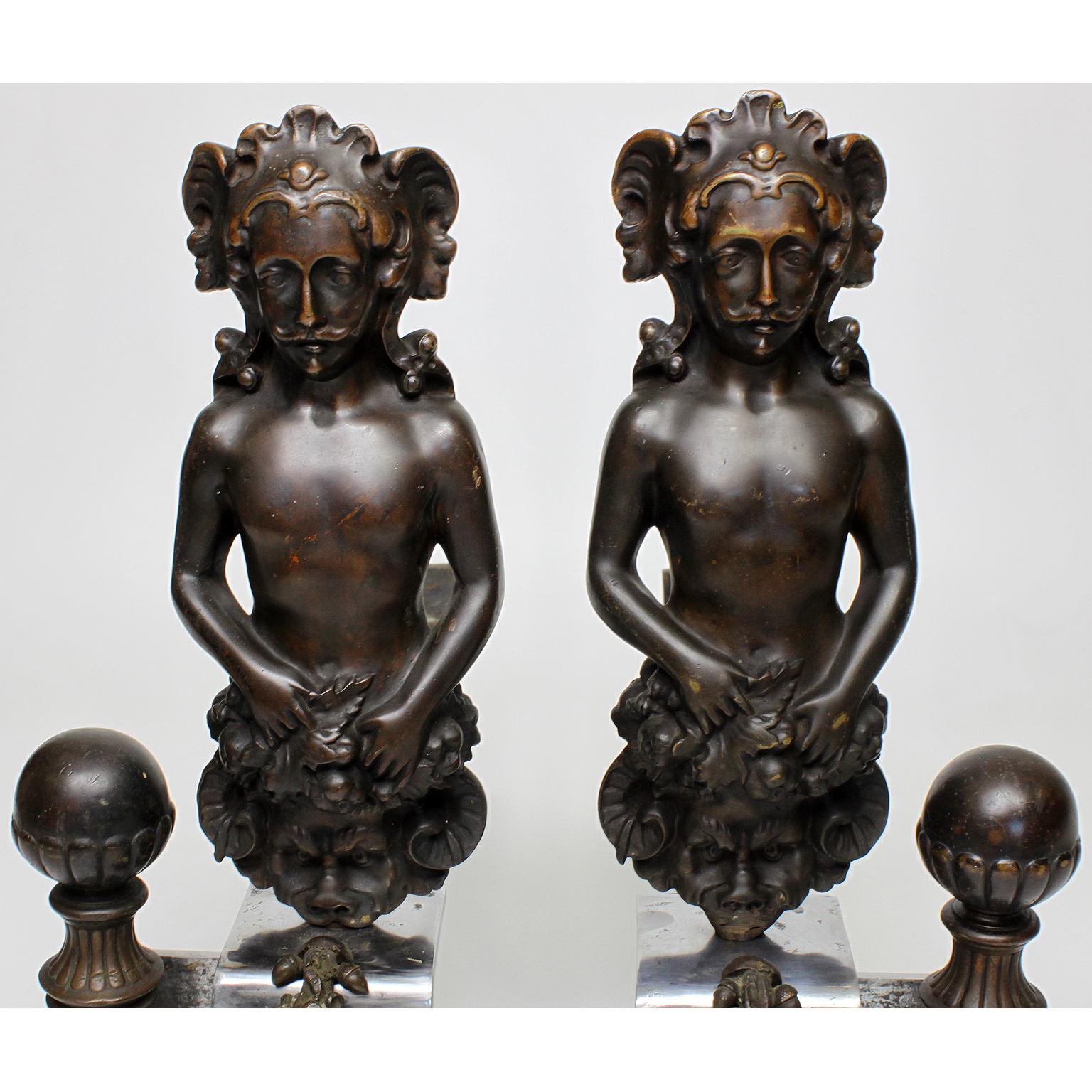 Forged Pair French 19th Century Baroque Revival Style Steel and Bronze Chenets Andirons For Sale