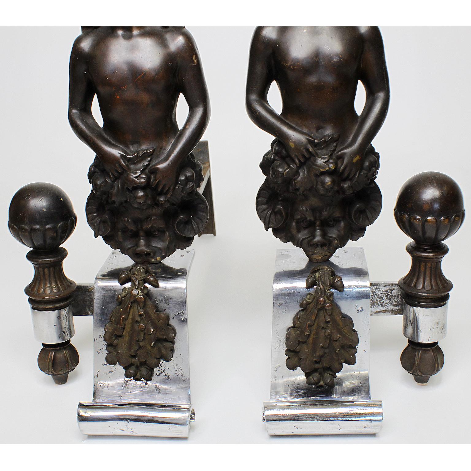 Pair French 19th Century Baroque Revival Style Steel and Bronze Chenets Andirons In Fair Condition For Sale In Los Angeles, CA