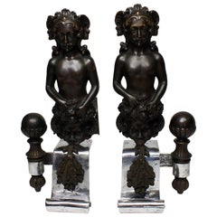 Pair French 19th Century Baroque Revival Style Steel and Bronze Chenets Andirons