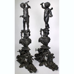 Pair French 19th Century Baroque Style Patinated Bronze Cherub Chenets Andirons