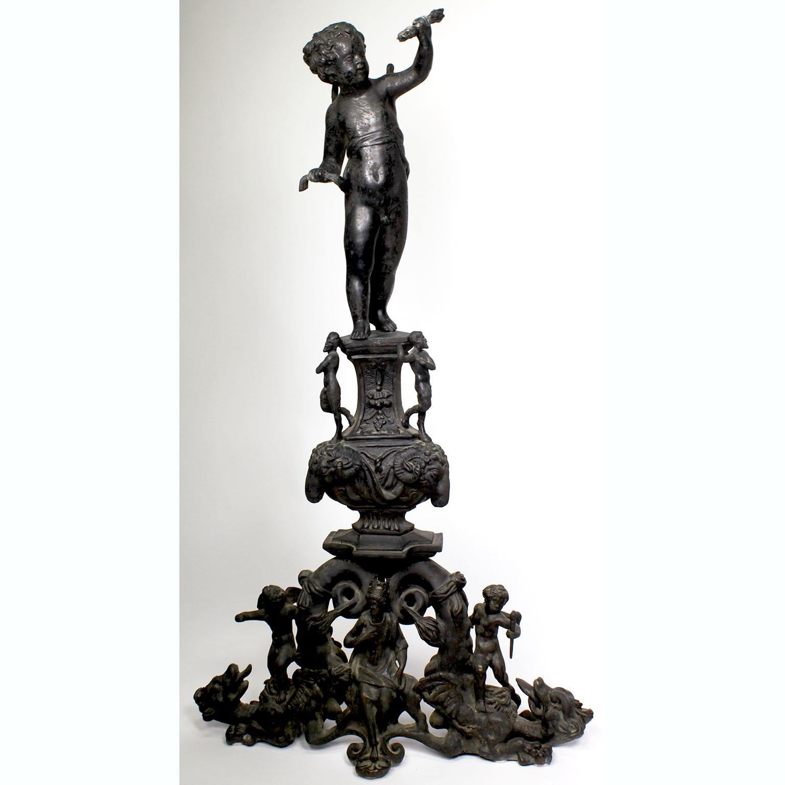 Renaissance Revival Pair French 19th Century Baroque Style Patinated Bronze Cherub Chenets Andirons For Sale