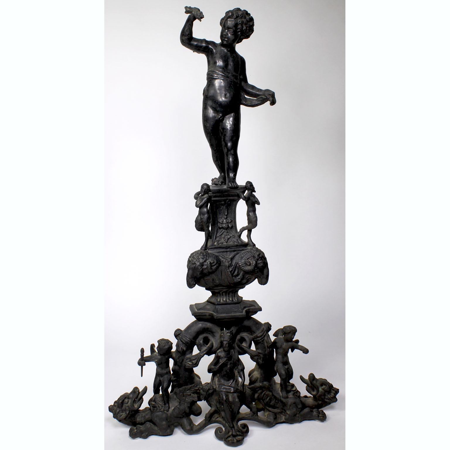 Pair French 19th Century Baroque Style Patinated Bronze Cherub Chenets Andirons In Fair Condition For Sale In Los Angeles, CA