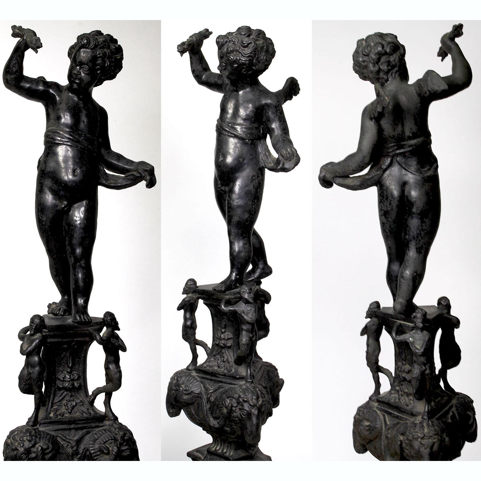 Pair French 19th Century Baroque Style Patinated Bronze Cherub Chenets Andirons For Sale 1