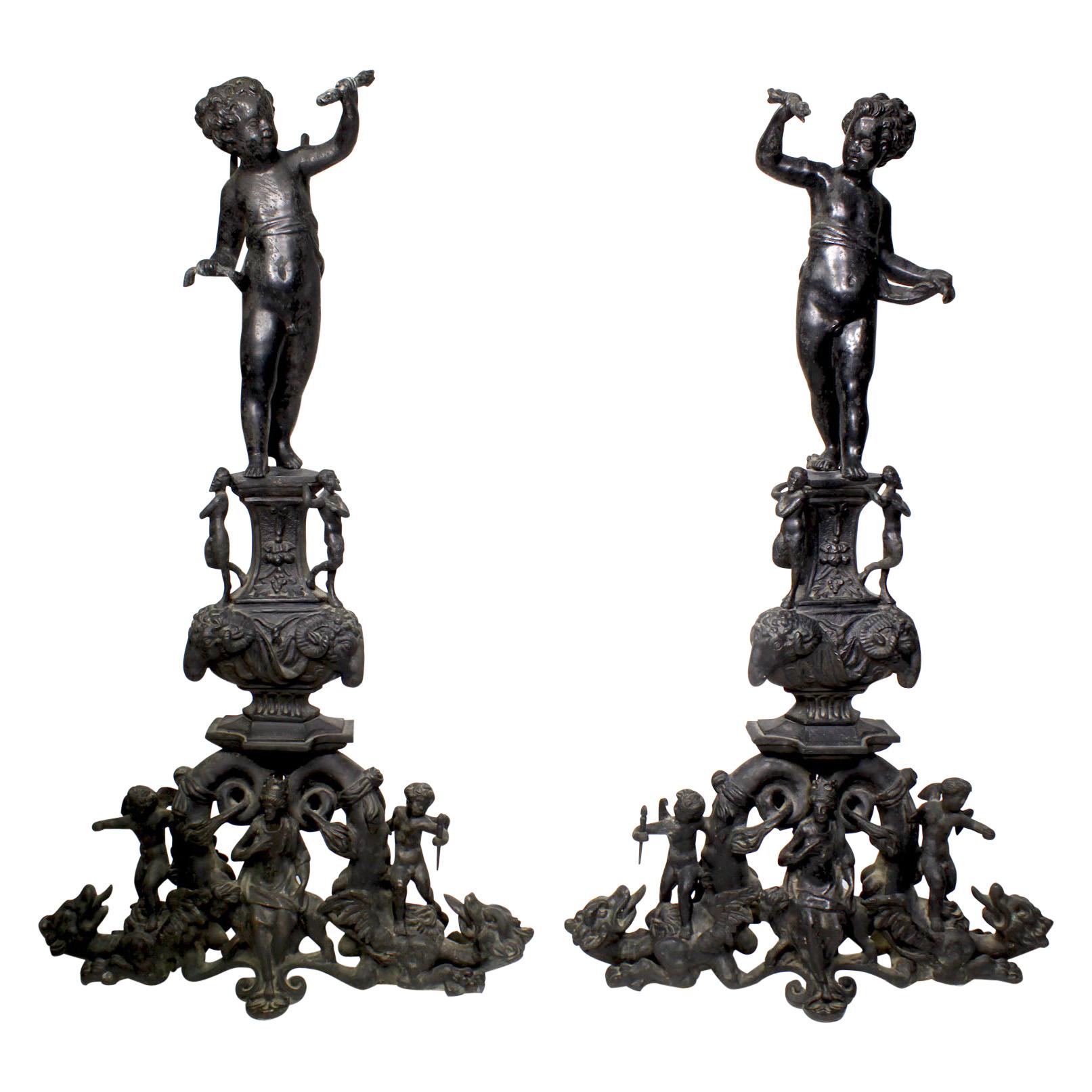 Pair French 19th Century Baroque Style Patinated Bronze Cherub Chenets Andirons