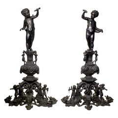 Pair French 19th Century Baroque Style Patinated Bronze Cherub Chenets Andirons