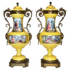 Pair French 19th Century Bronze Mounted Porcelain Vases in Louis XV / XVI Style