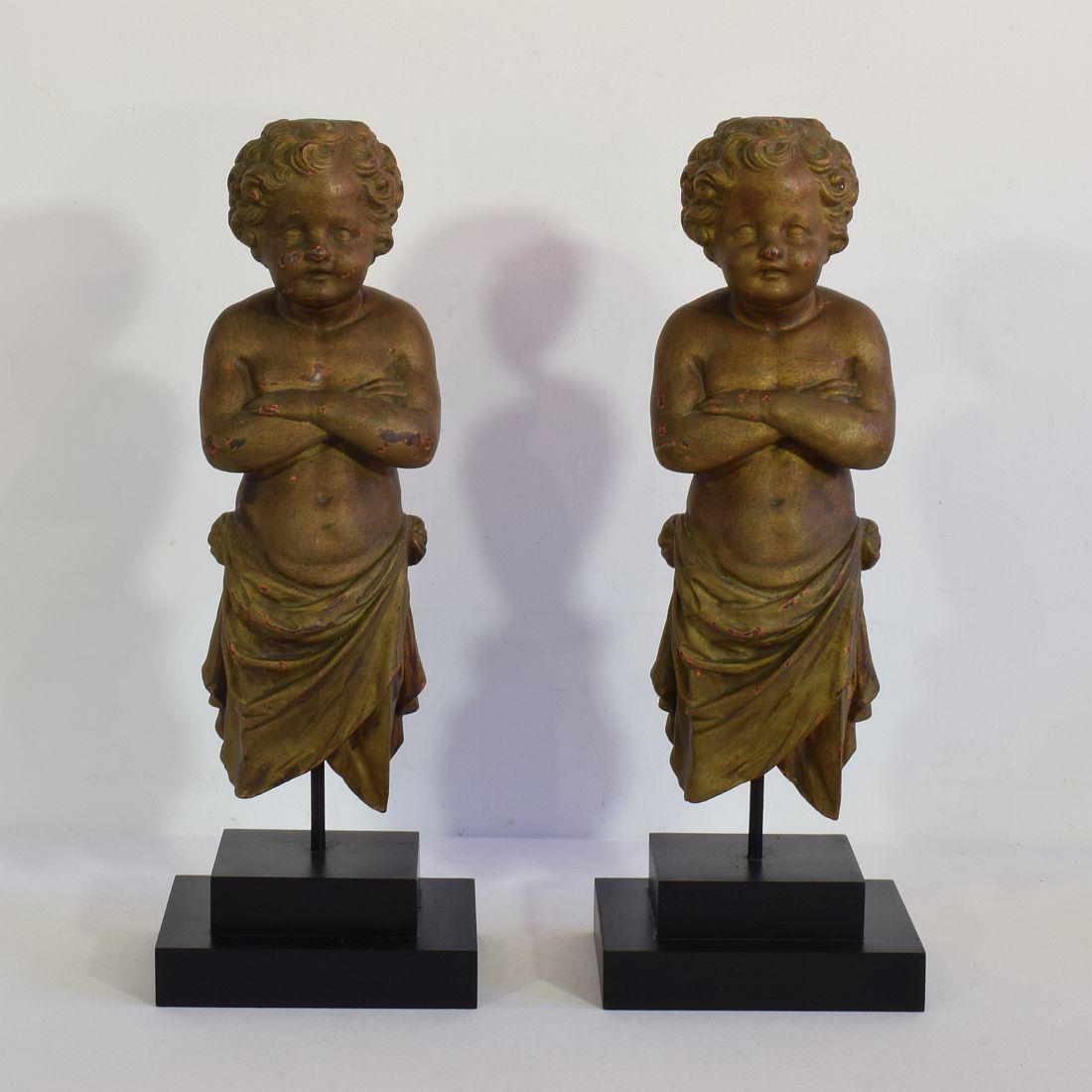 Great pair cast iron Baroque style angel figures with their old paint.
France, circa 1800-1850
Weathered 
Measurement here below is individual and with the wooden base.
