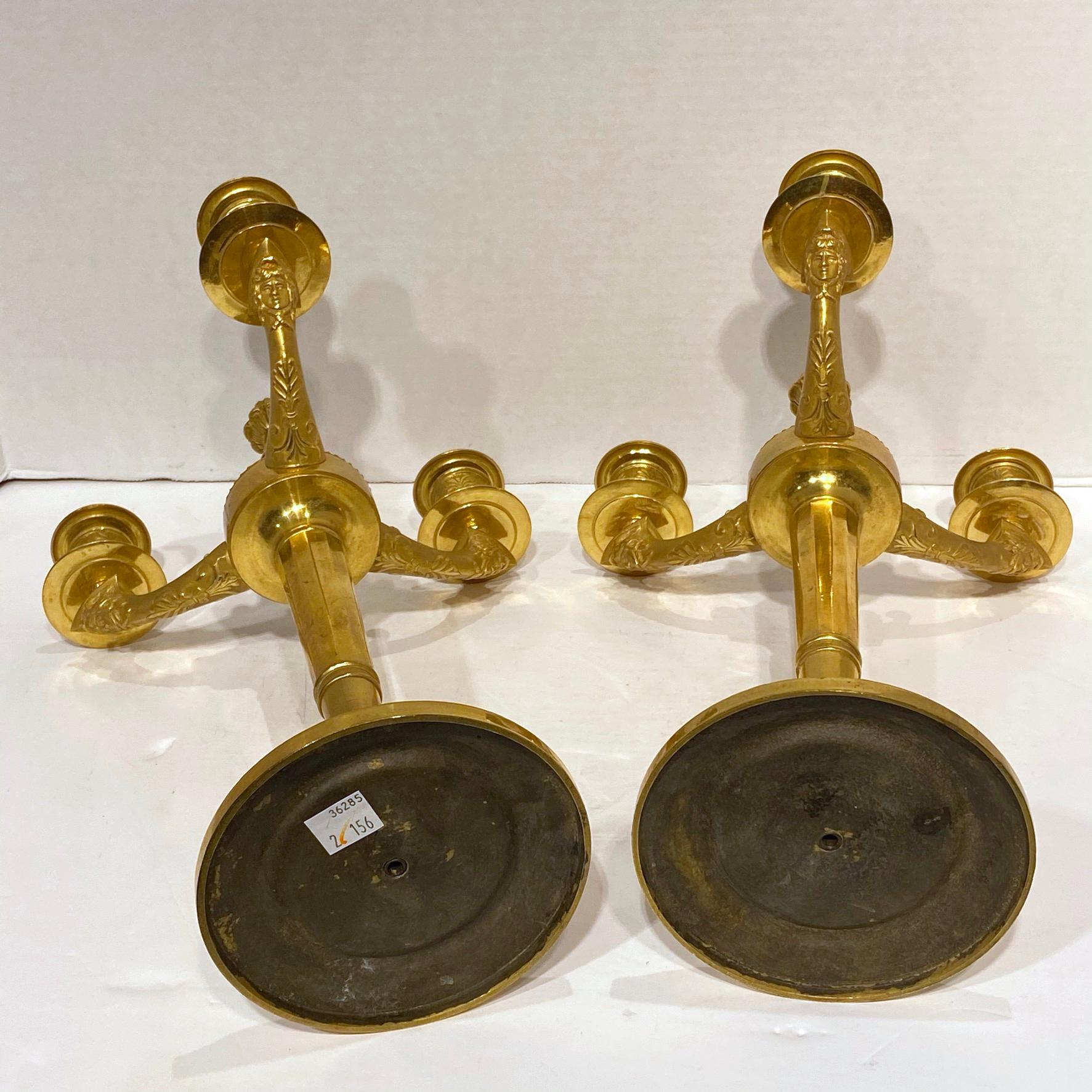 Pair French 19th Century Empire Style Gilt Bronze Candelabra For Sale 7