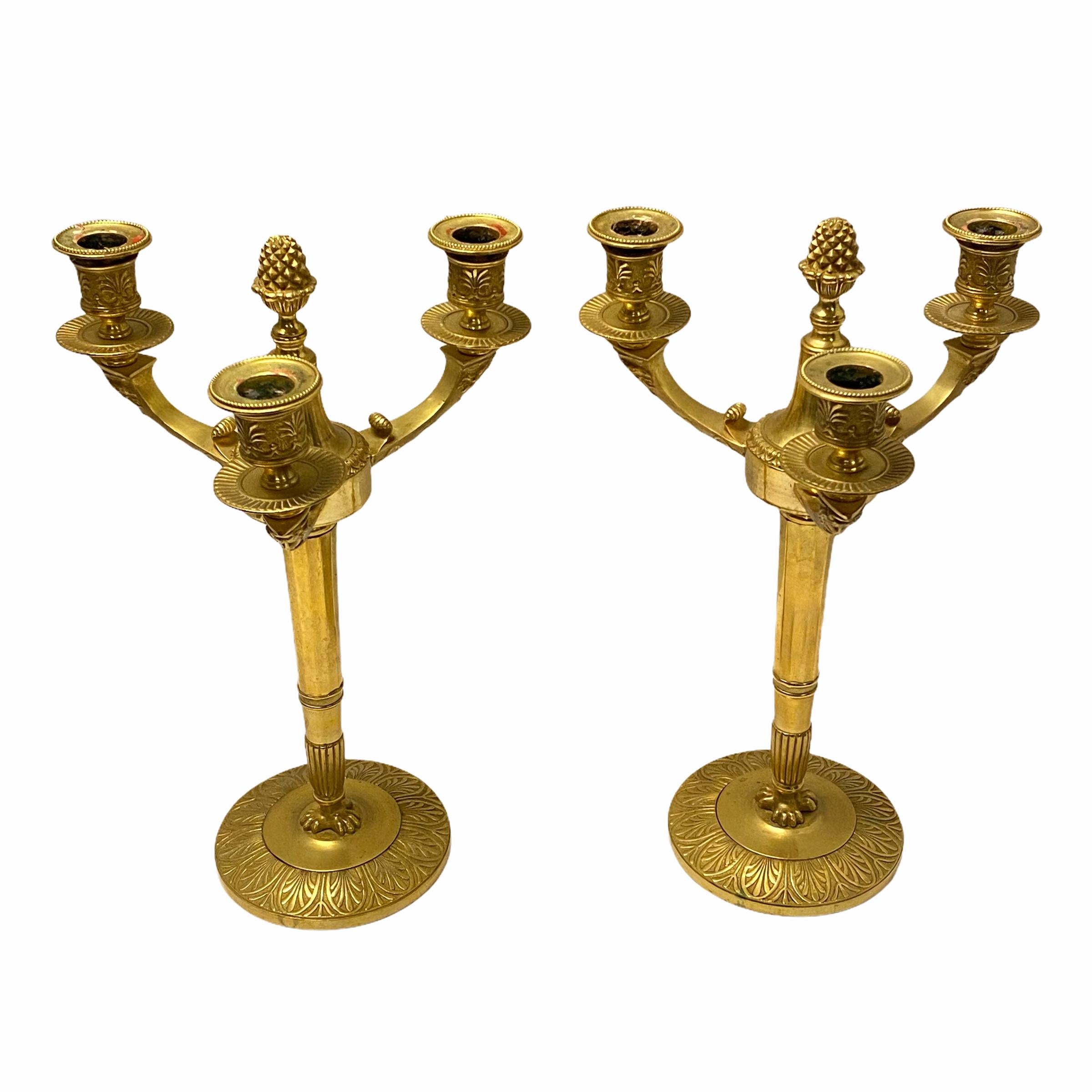 Pair French 19th Century Empire Style Gilt Bronze Candelabra For Sale 2