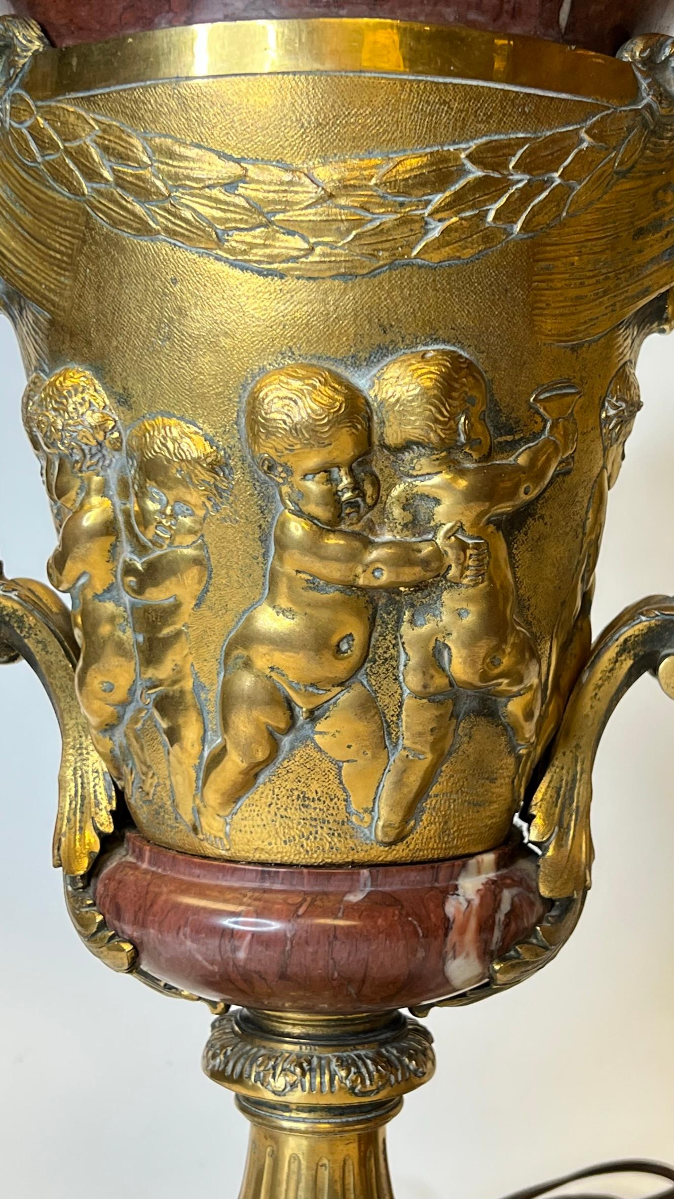 Pair French 19th Century Gilt Bronze and Rouge Marble Table Lamps with Cherubs 6