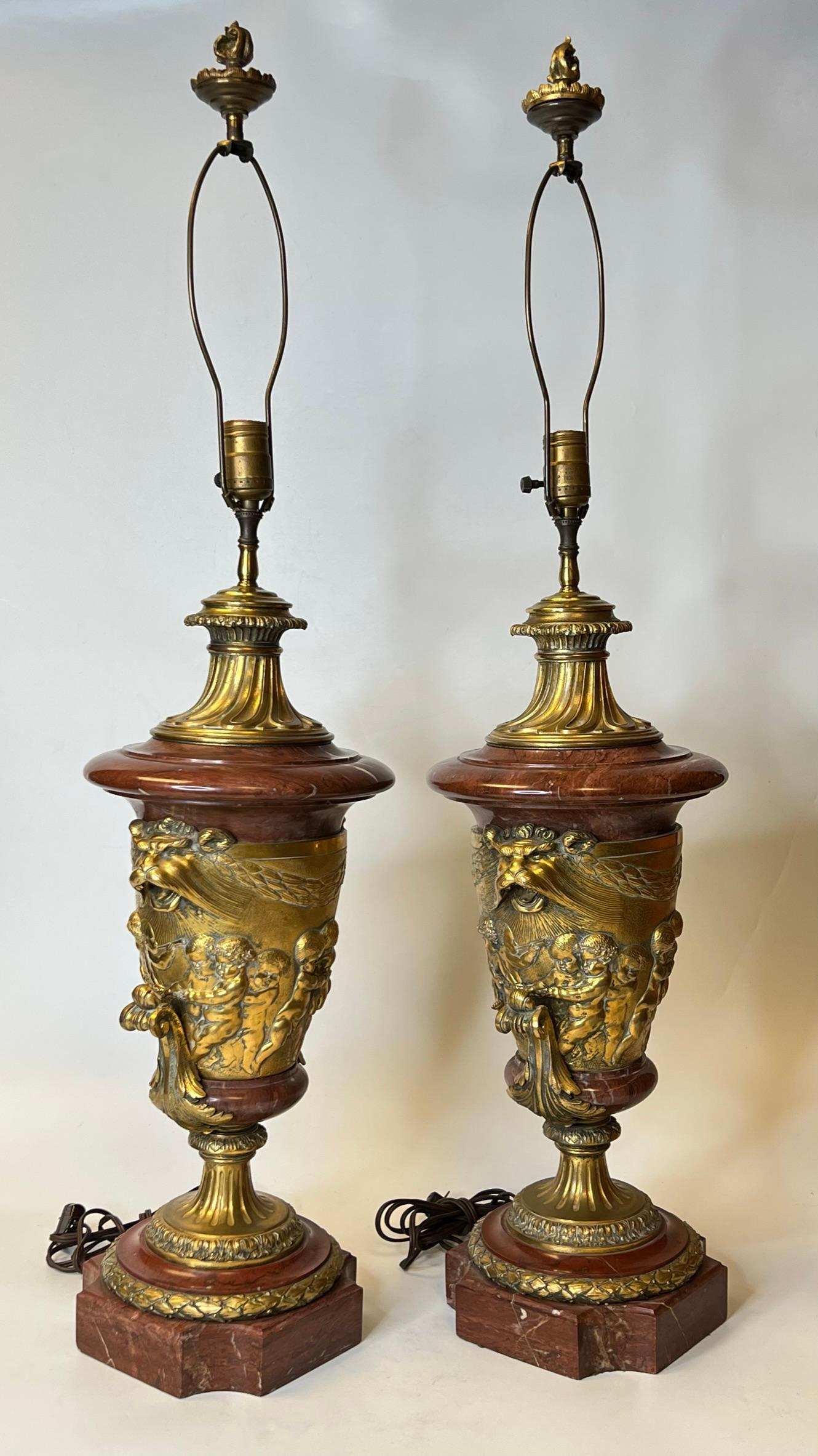 Pair French 19th Century Gilt Bronze and Rouge Marble Table Lamps with Cherubs 11