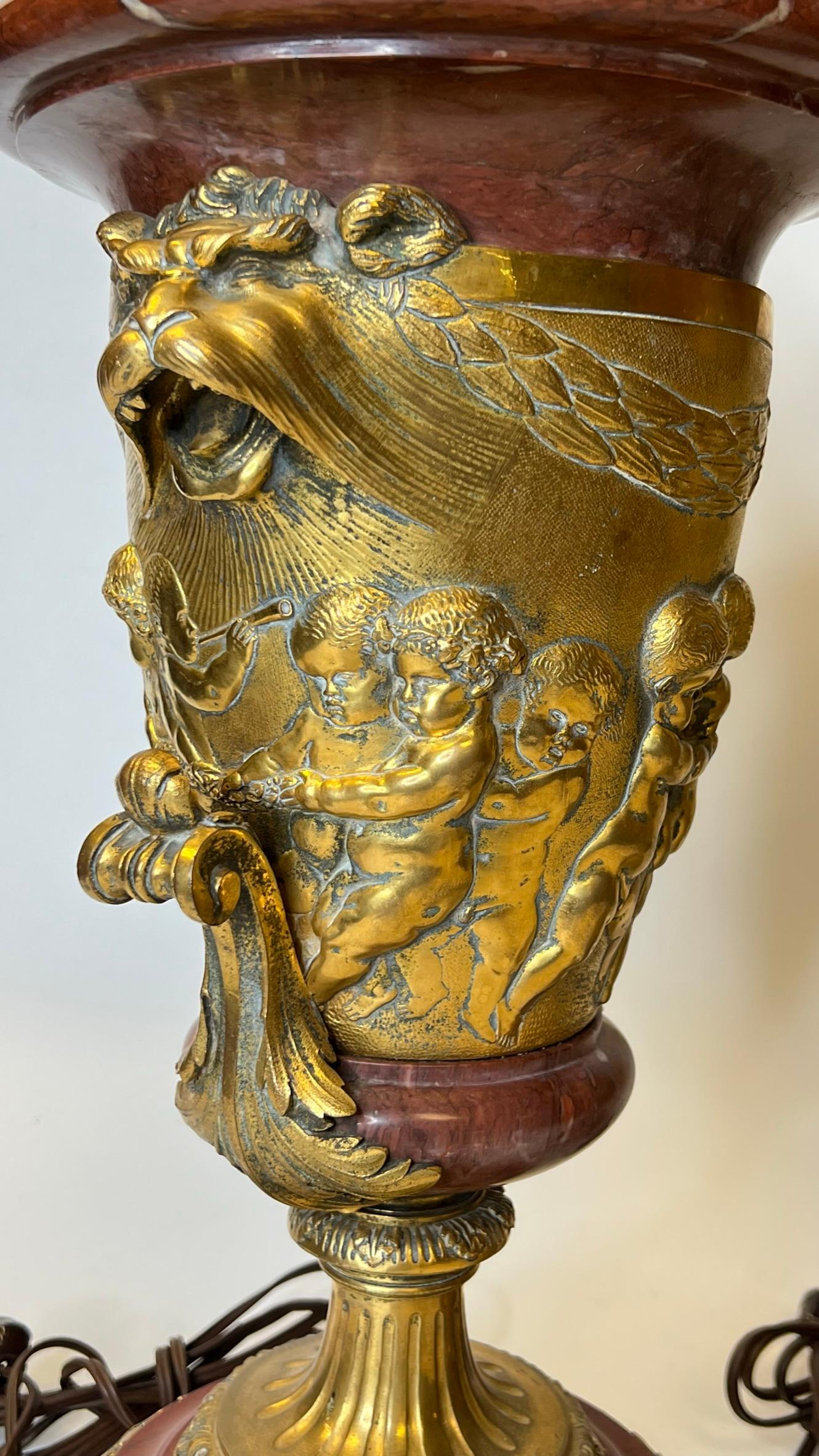 Pair French 19th Century Gilt Bronze and Rouge Marble Table Lamps with Cherubs 12