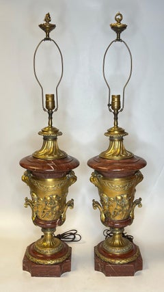 Pair French 19th Century Gilt Bronze and Rouge Marble Table Lamps with Cherubs