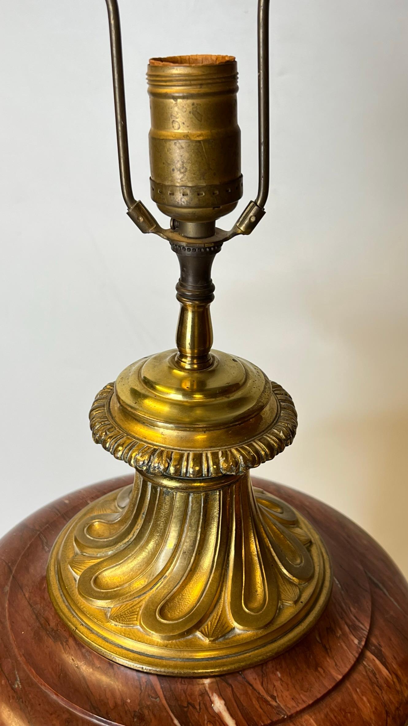 Pair French 19th Century Gilt Bronze and Rouge Marble Table Lamps with Cherubs 2