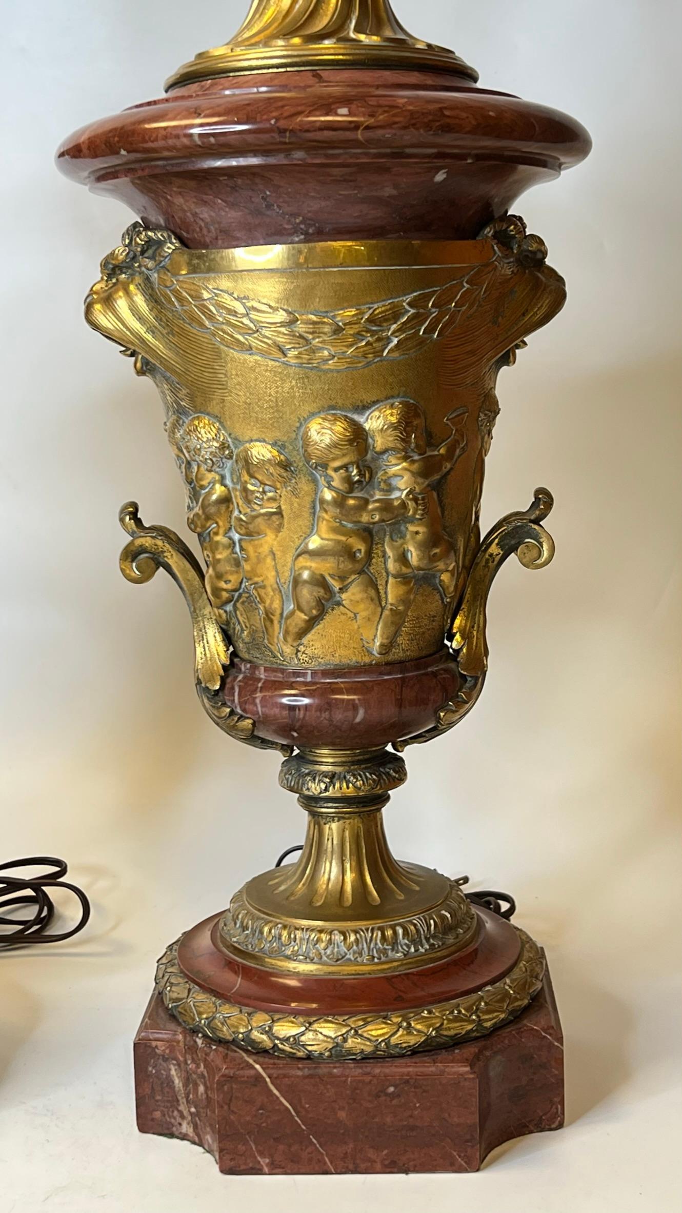 Pair French 19th Century Gilt Bronze and Rouge Marble Table Lamps with Cherubs 3