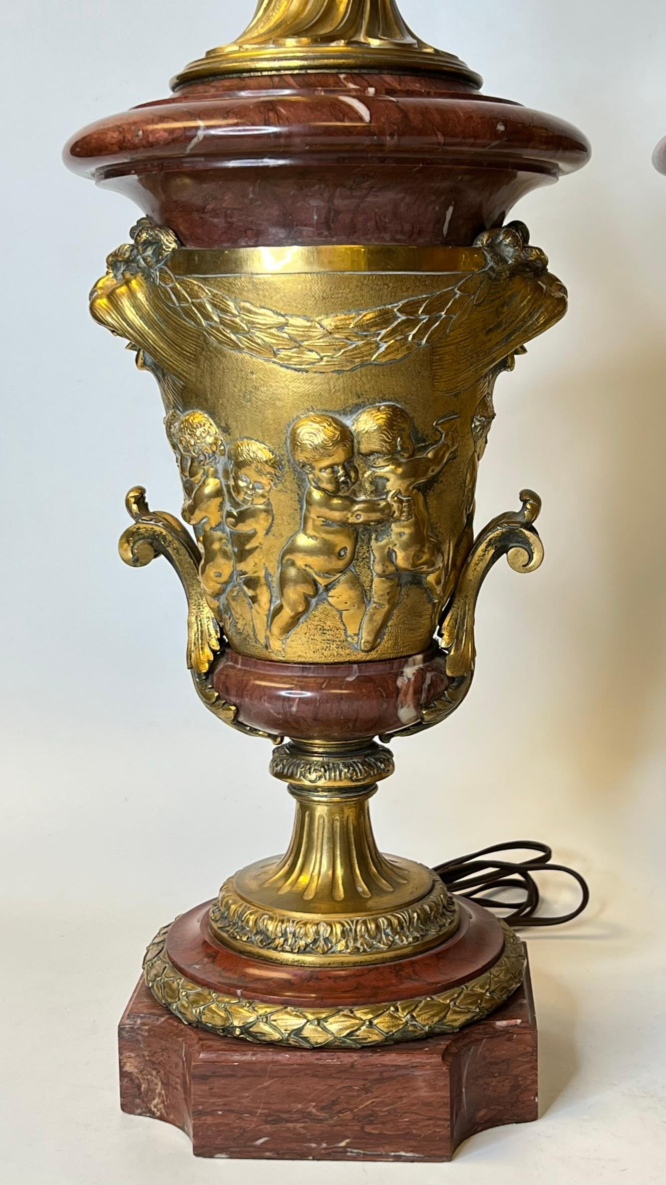Pair French 19th Century Gilt Bronze and Rouge Marble Table Lamps with Cherubs 4