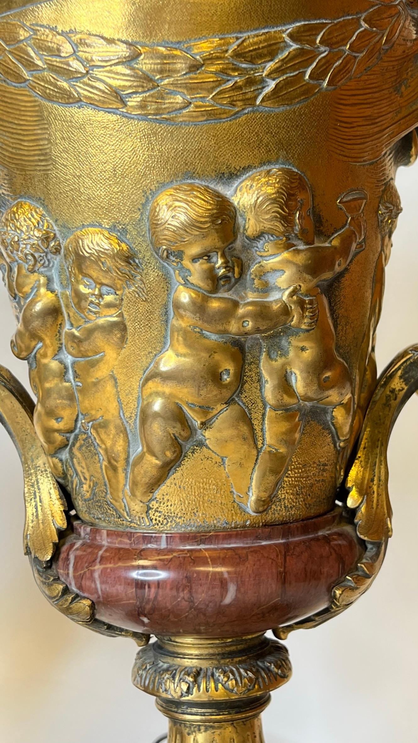 Pair French 19th Century Gilt Bronze and Rouge Marble Table Lamps with Cherubs 5