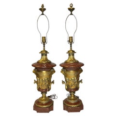 Pair French 19th Century Gilt Bronze and Rouge Marble Table Lamps with Cherubs