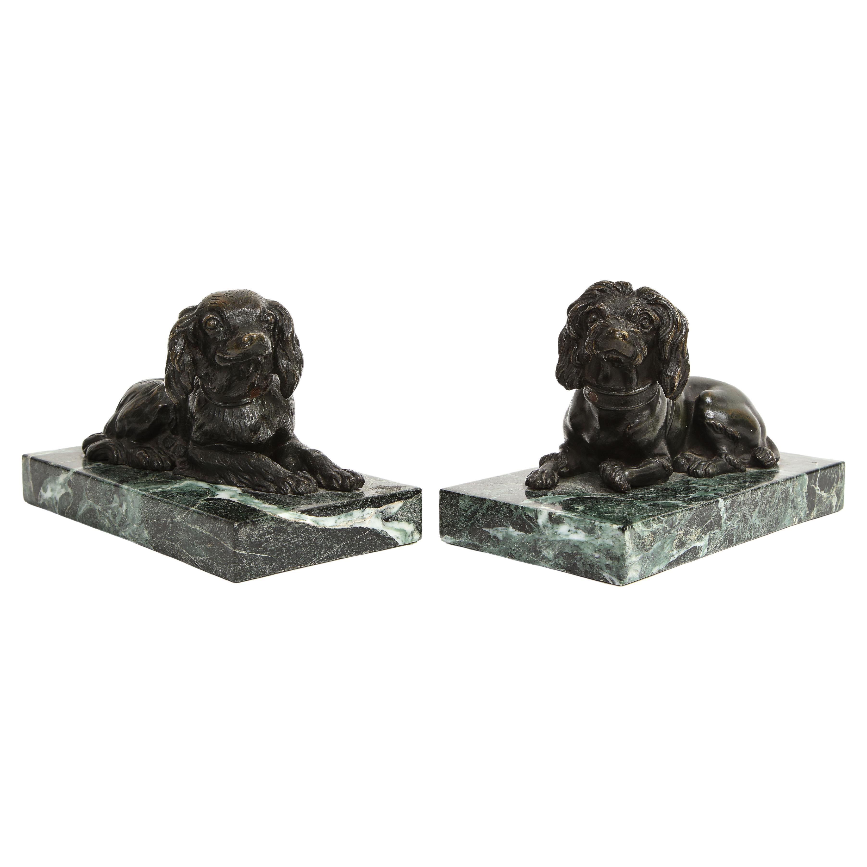 Pair French 19th Century Grand Tour Patinated Bronze Dogs on Green Marble Bases