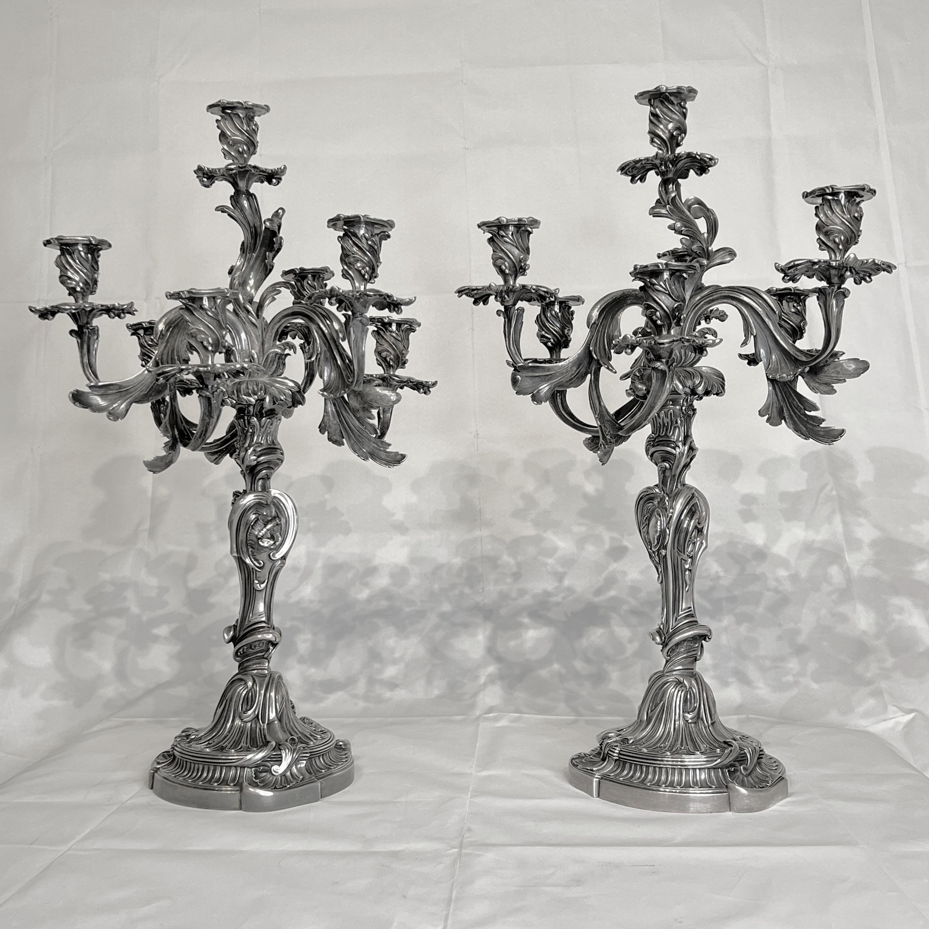 Silvered bronze candelabra in French Louis XV rococo style by Eugene Hazart of Paris. Inscribed siganture, Eug. Hazart, Paris. Casting of the finest quality.