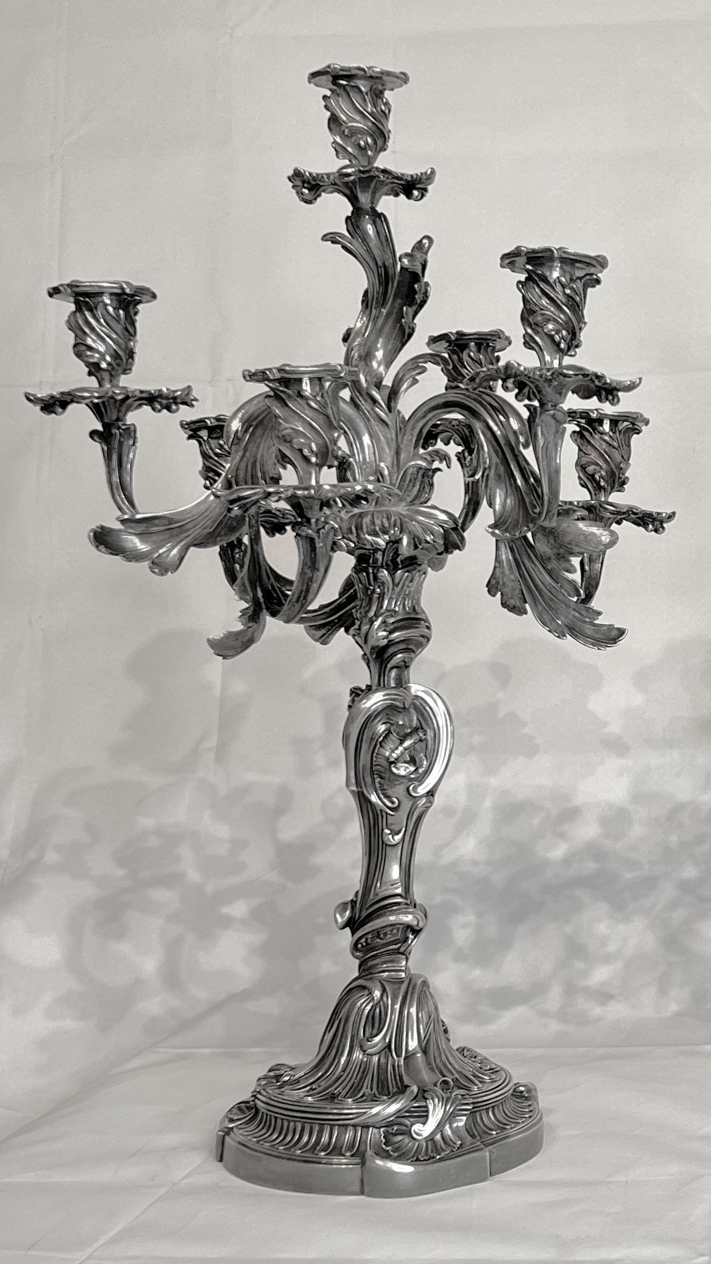 Pair French 19th Century Louis XV Rococo Style Silvered Bronze Candelabra In Good Condition For Sale In New York, NY