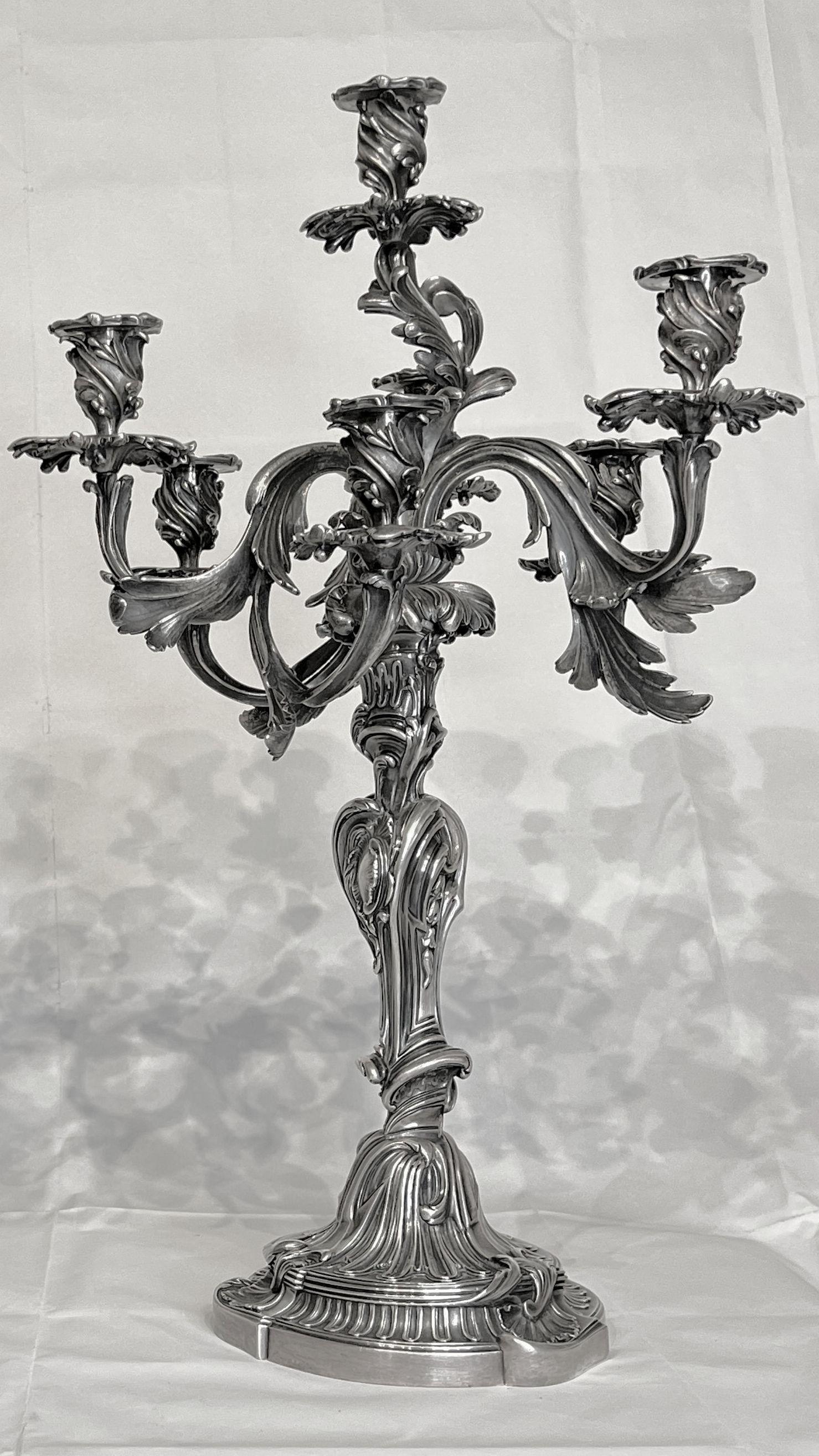 Pair French 19th Century Louis XV Rococo Style Silvered Bronze Candelabra For Sale 1