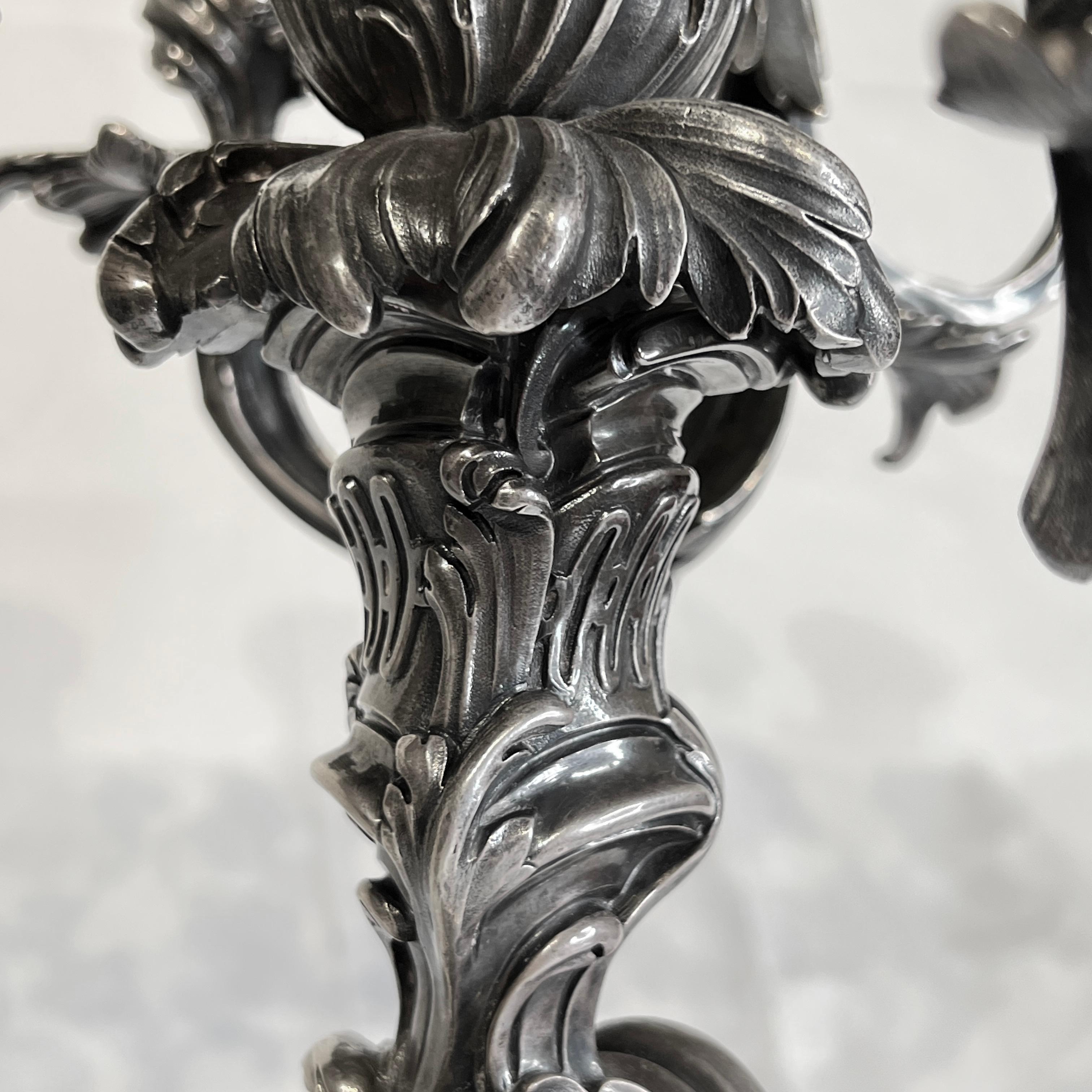 Pair French 19th Century Louis XV Rococo Style Silvered Bronze Candelabra For Sale 4