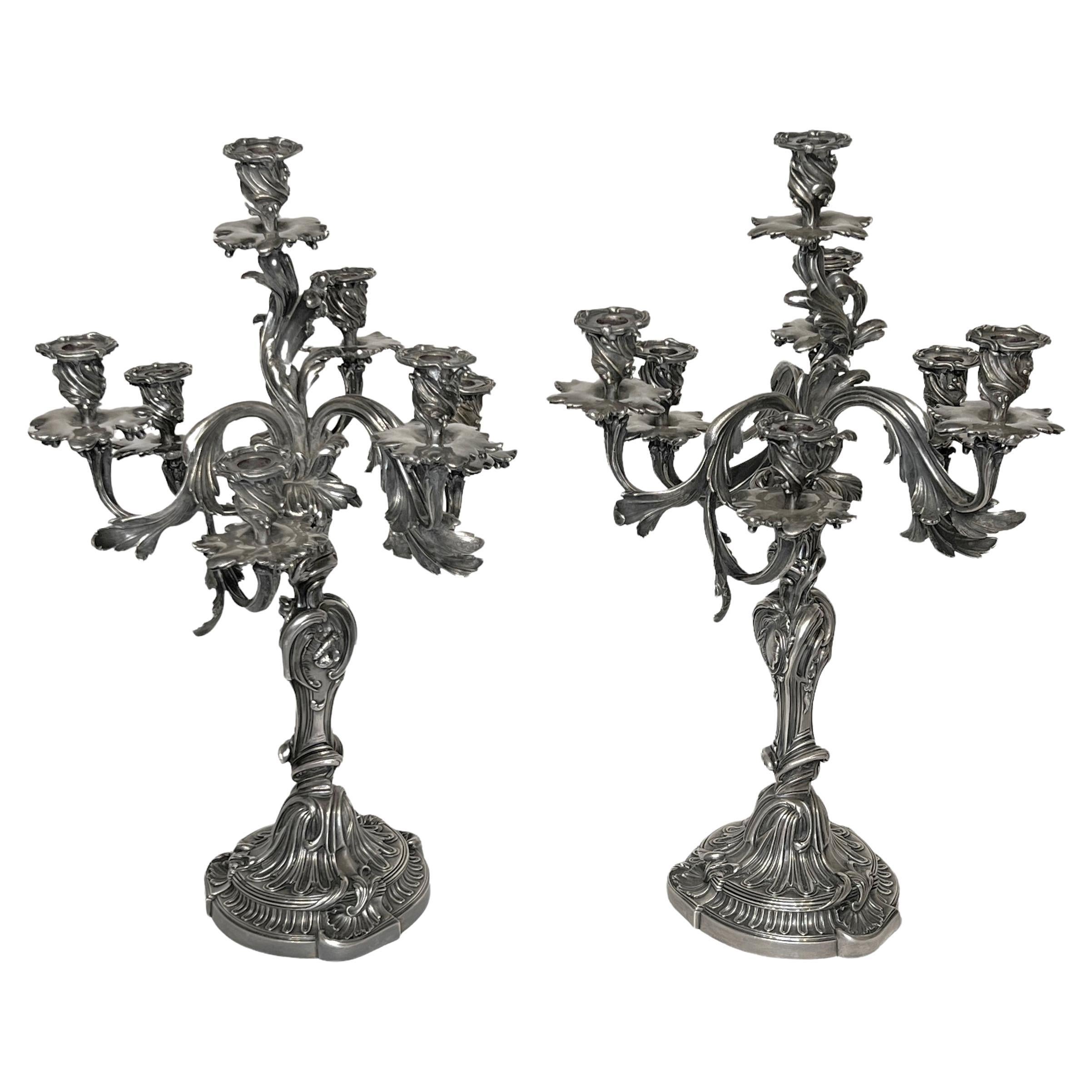 Pair French 19th Century Louis XV Rococo Style Silvered Bronze Candelabra For Sale
