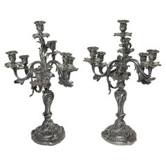 Antique Pair French 19th Century Louis XV Rococo Style Silvered Bronze Candelabra