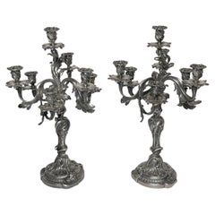 Pair French 19th Century Louis XV Rococo Style Silvered Bronze Candelabra